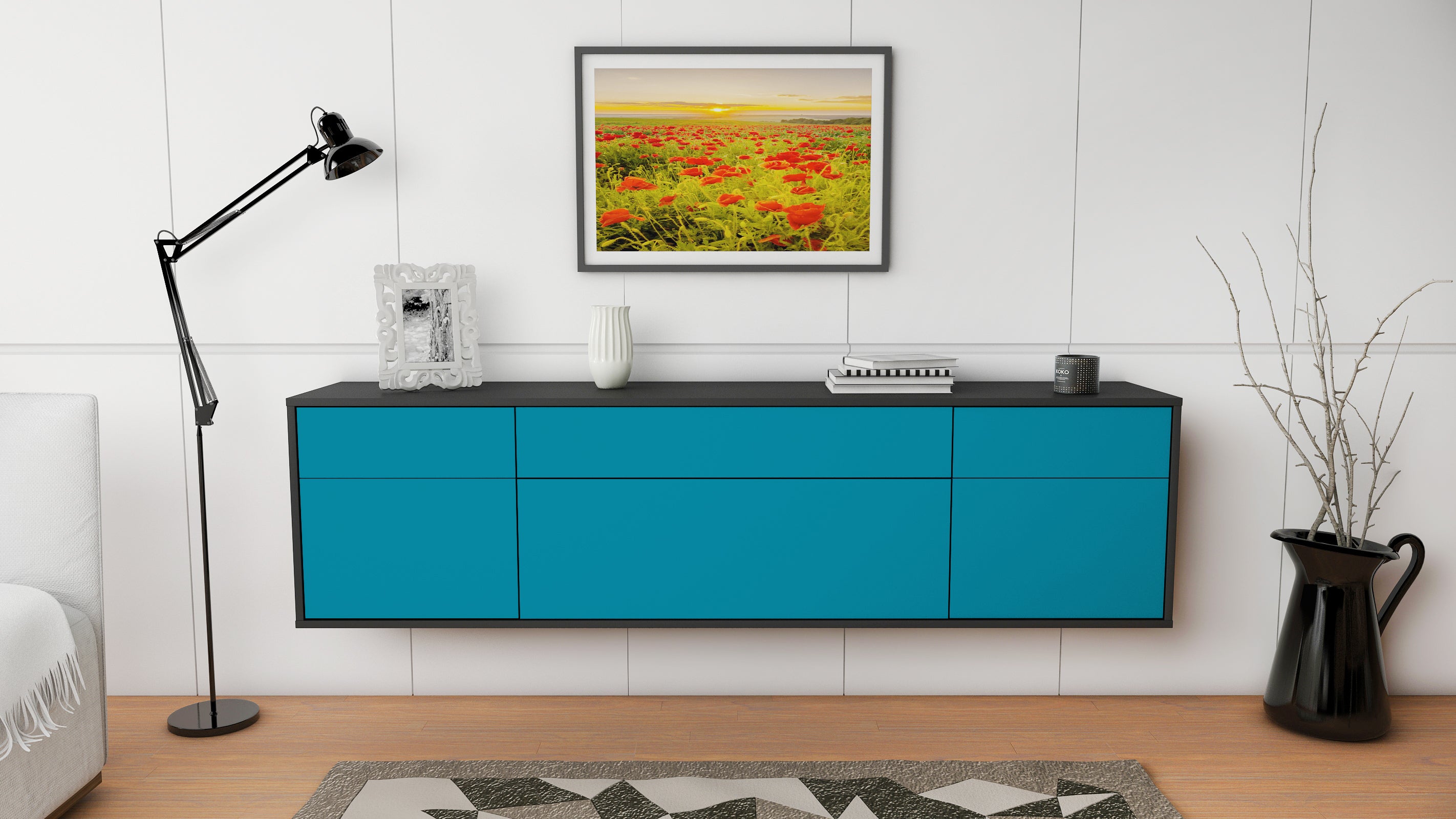 Lowboard - Beppa - Design Farbakzent - Wandmontage mit Push to Open 180 cm Anthrazit