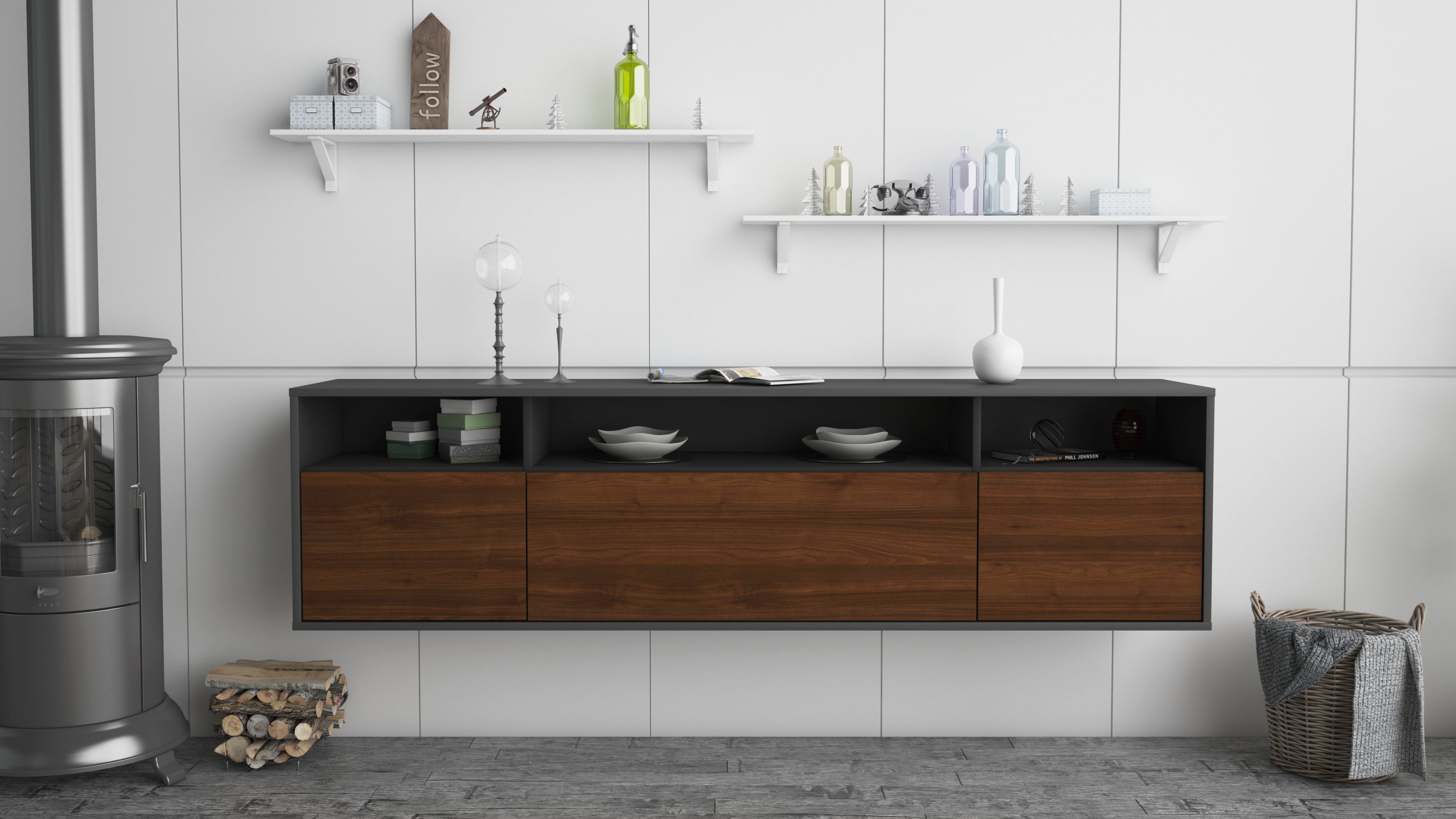Lowboard - BIANCA - Design Holzdekor - Wandmontage mit Push to Open 180 cm Anthrazit