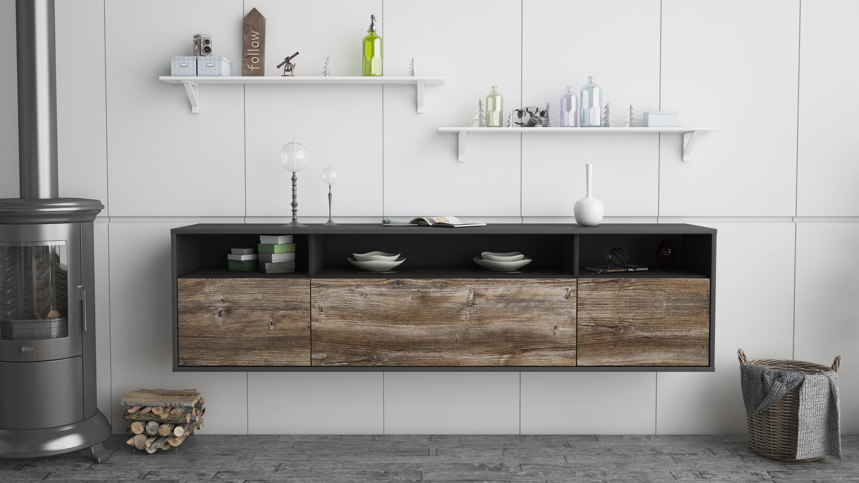 Lowboard - BIANCA - Design Holzdekor - Wandmontage mit Push to Open 180 cm Anthrazit