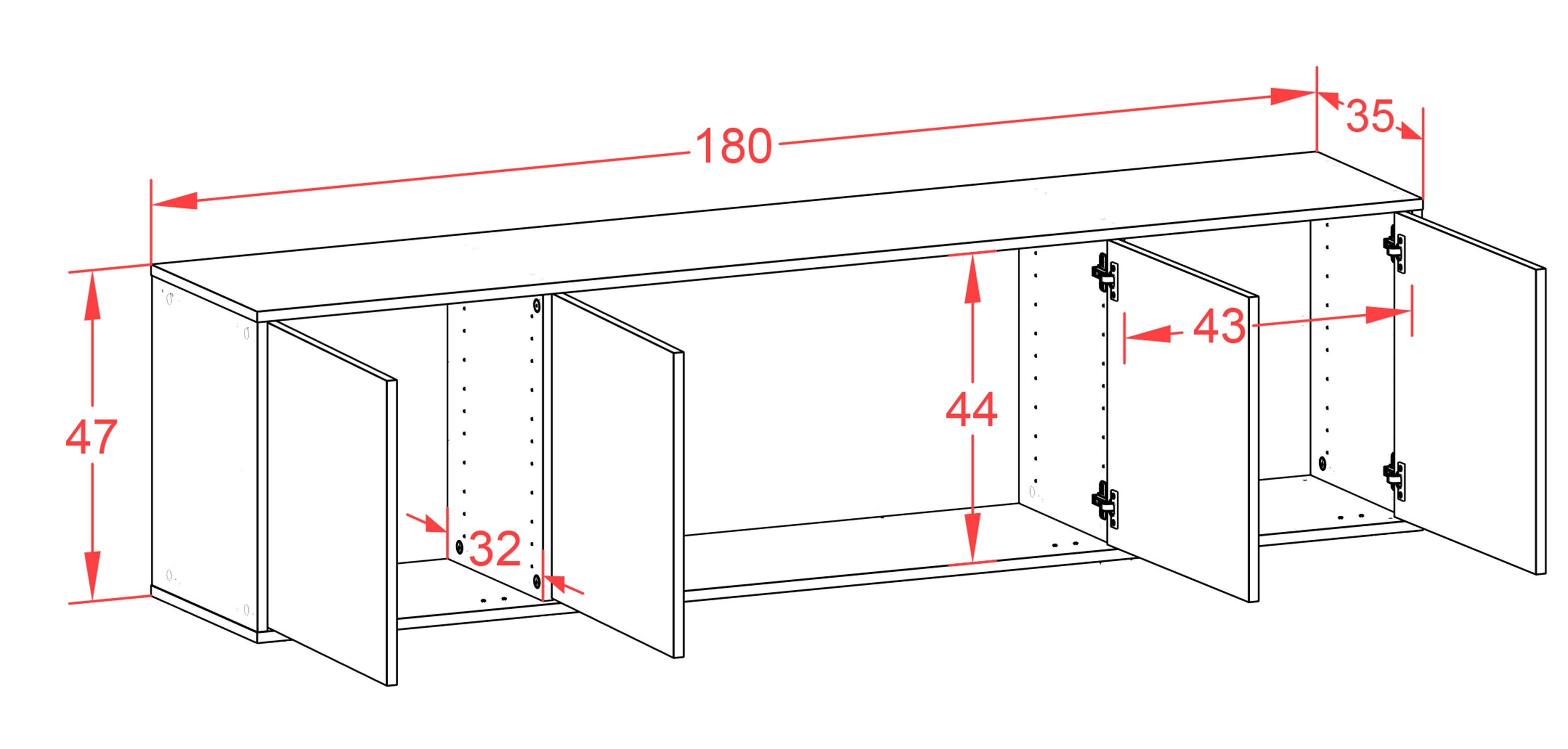 Lowboard - Antonia - Design Holzdekor - Wandmontage mit Push to Open 180 cm Weiss