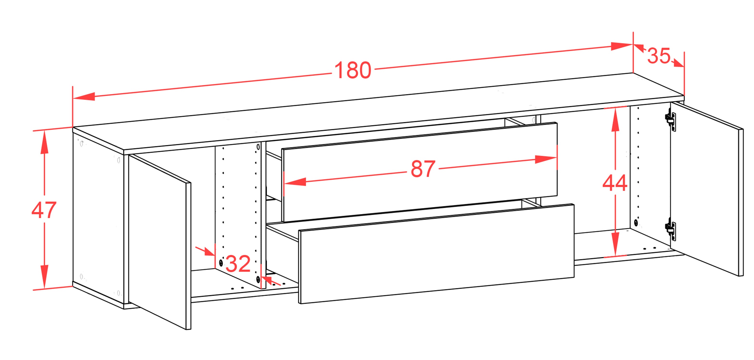 Lowboard - Aquilina - Design Farbakzent - Wandmontage mit Push to Open 180 cm Weiss