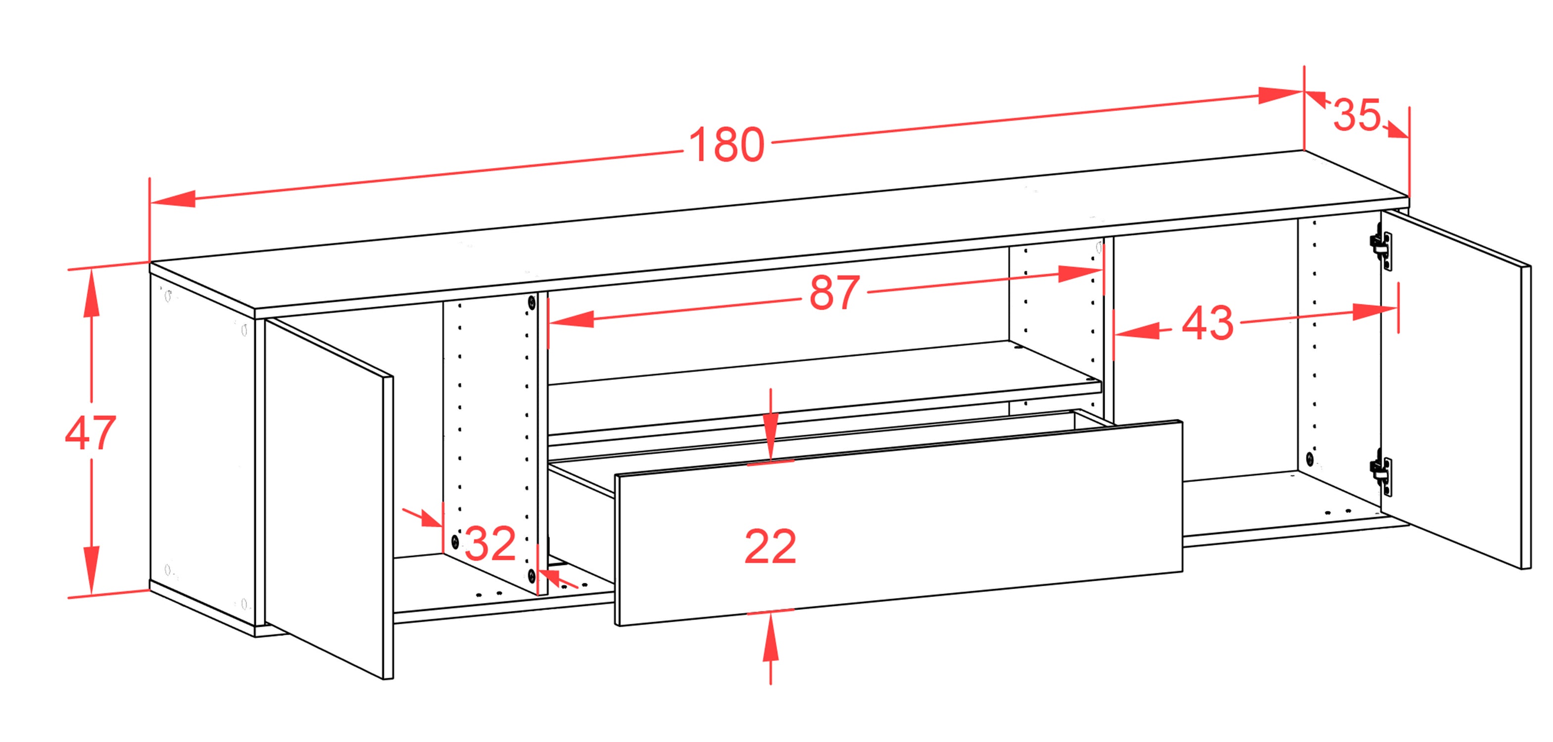 Lowboard - Arbnora - Design Holzdekor - Wandmontage mit Push to Open 180 cm Weiss