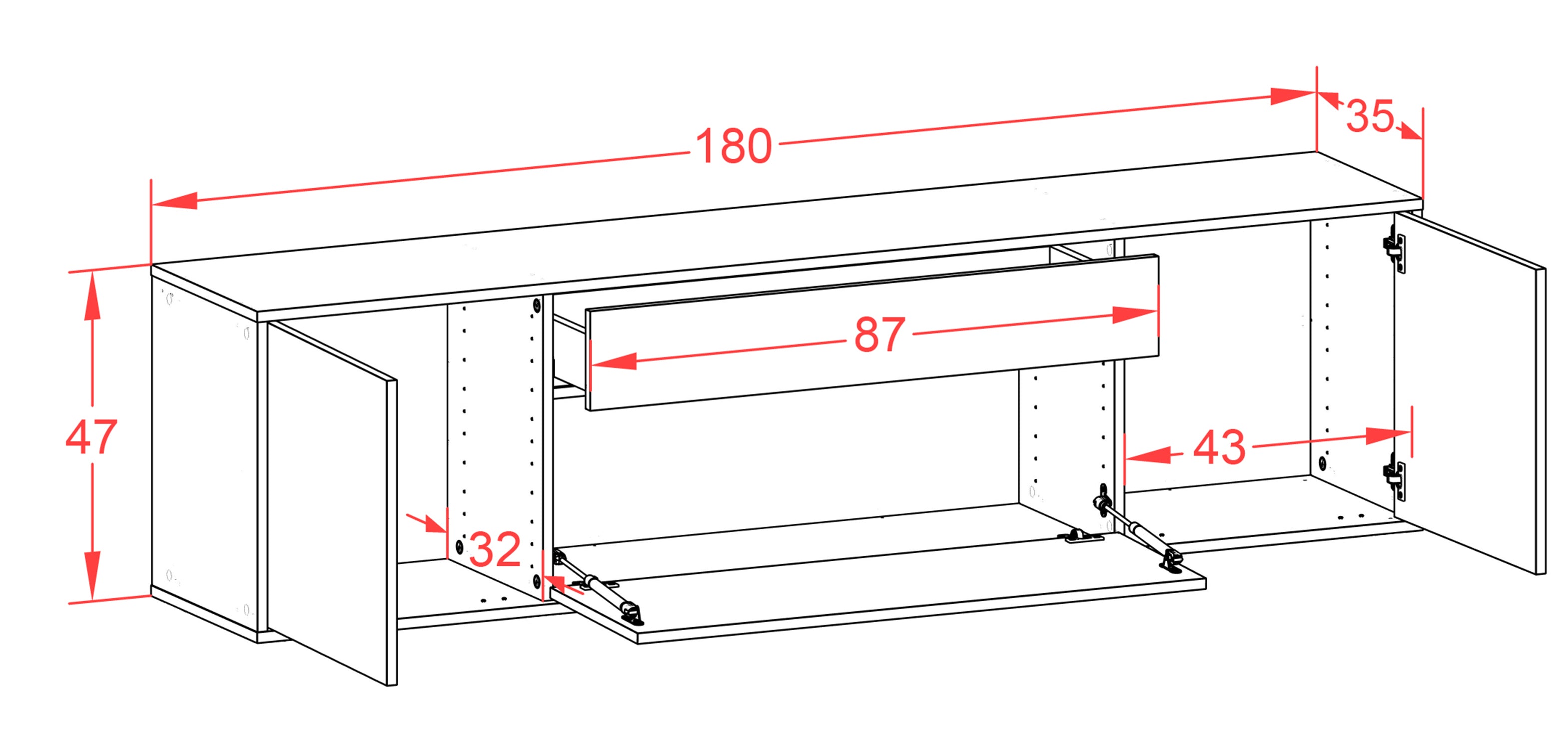 Lowboard - Aria - Design Hochglanz - Wandmontage mit Push to Open 180 cm Weiss