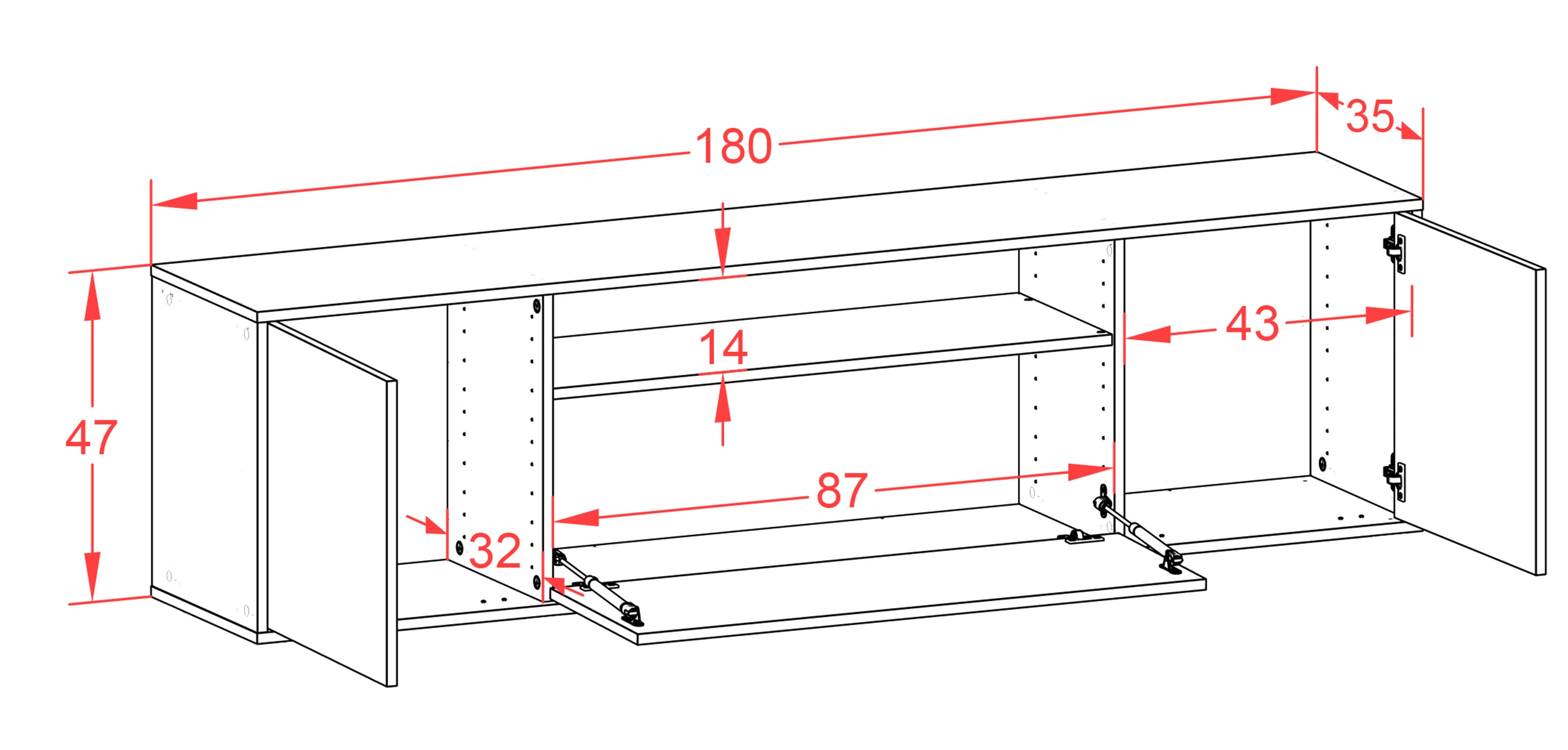 Lowboard - Ariana - Design Holzdekor - Wandmontage mit Push to Open 180 cm Weiss