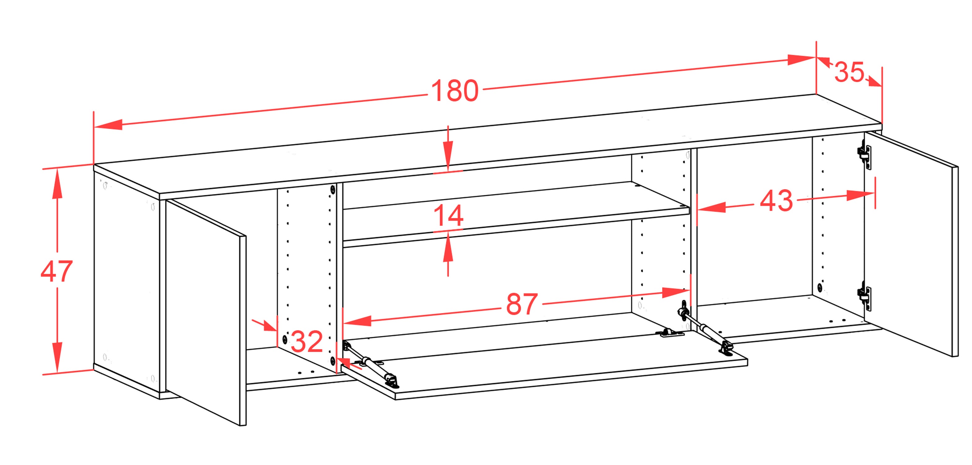 Lowboard - Ariana - Design Hochglanz - Wandmontage mit Push to Open 180 cm Weiss