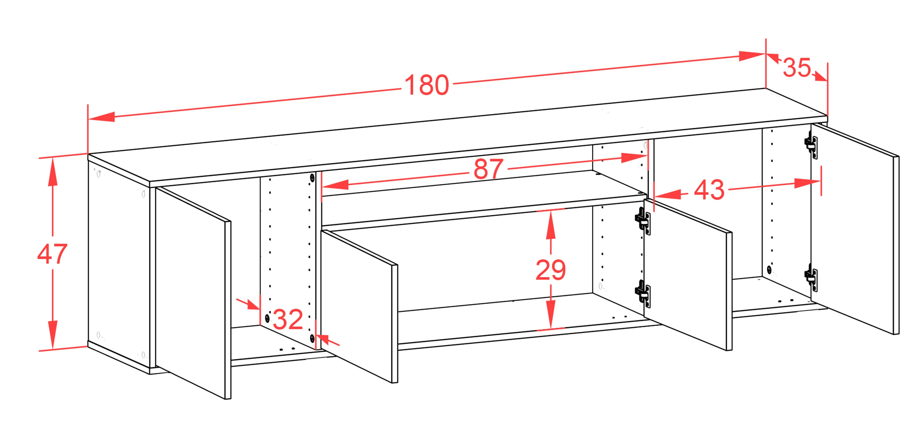 Lowboard - Arianna - Design Holzdekor - Wandmontage mit Push to Open 180 cm Anthrazit