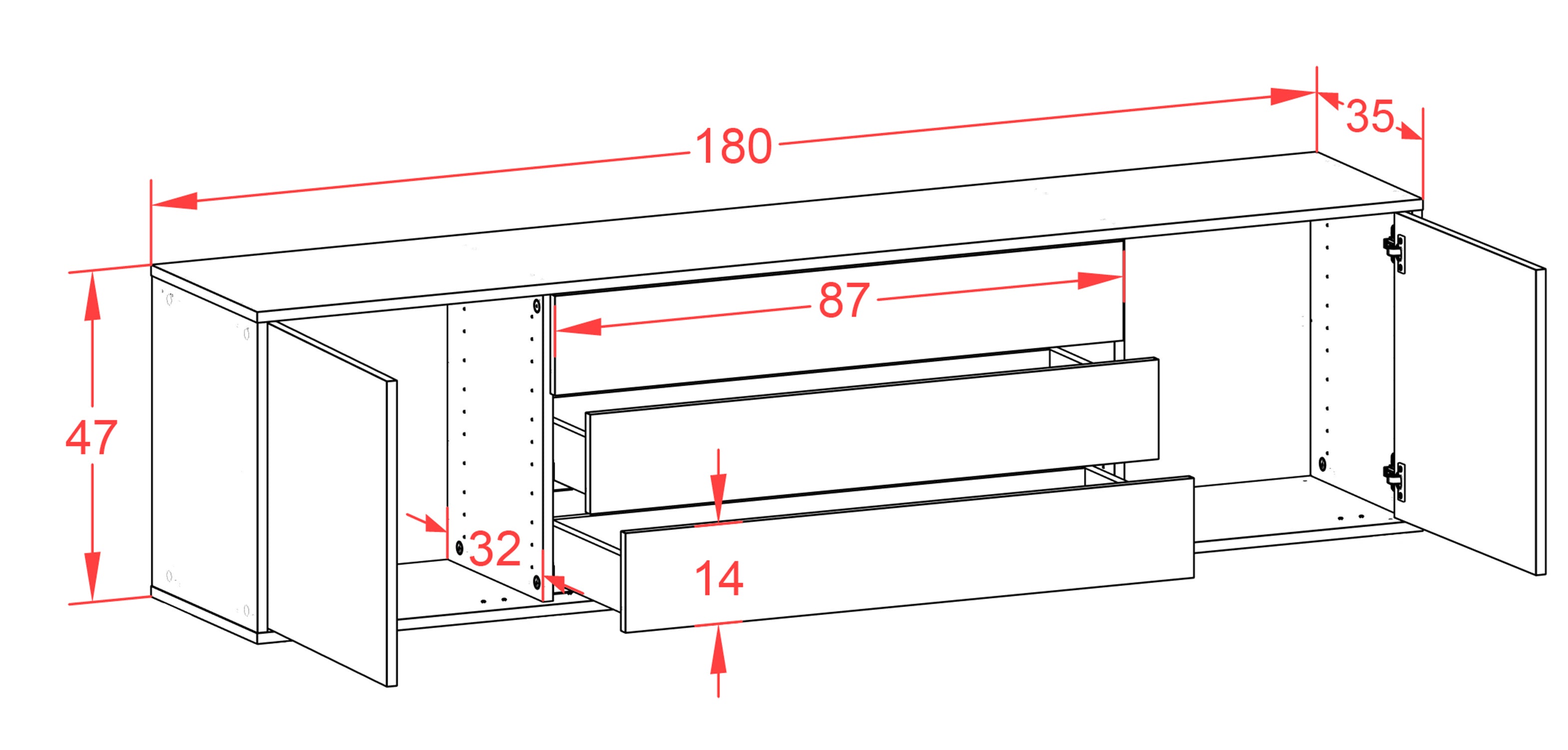 Lowboard - Ariella - Design Farbakzent - Wandmontage mit Push to Open 180 cm Anthrazit