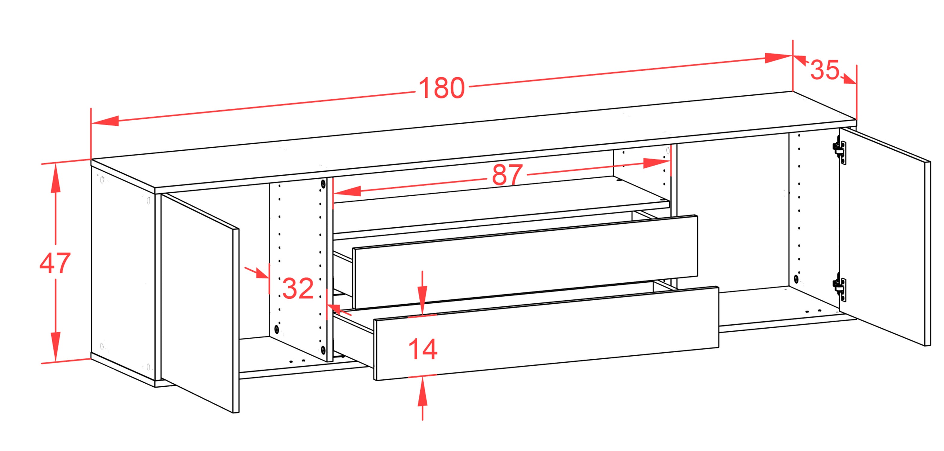 Lowboard - Armanda - Design Farbakzent - Wandmontage mit Push to Open 180 cm Weiss