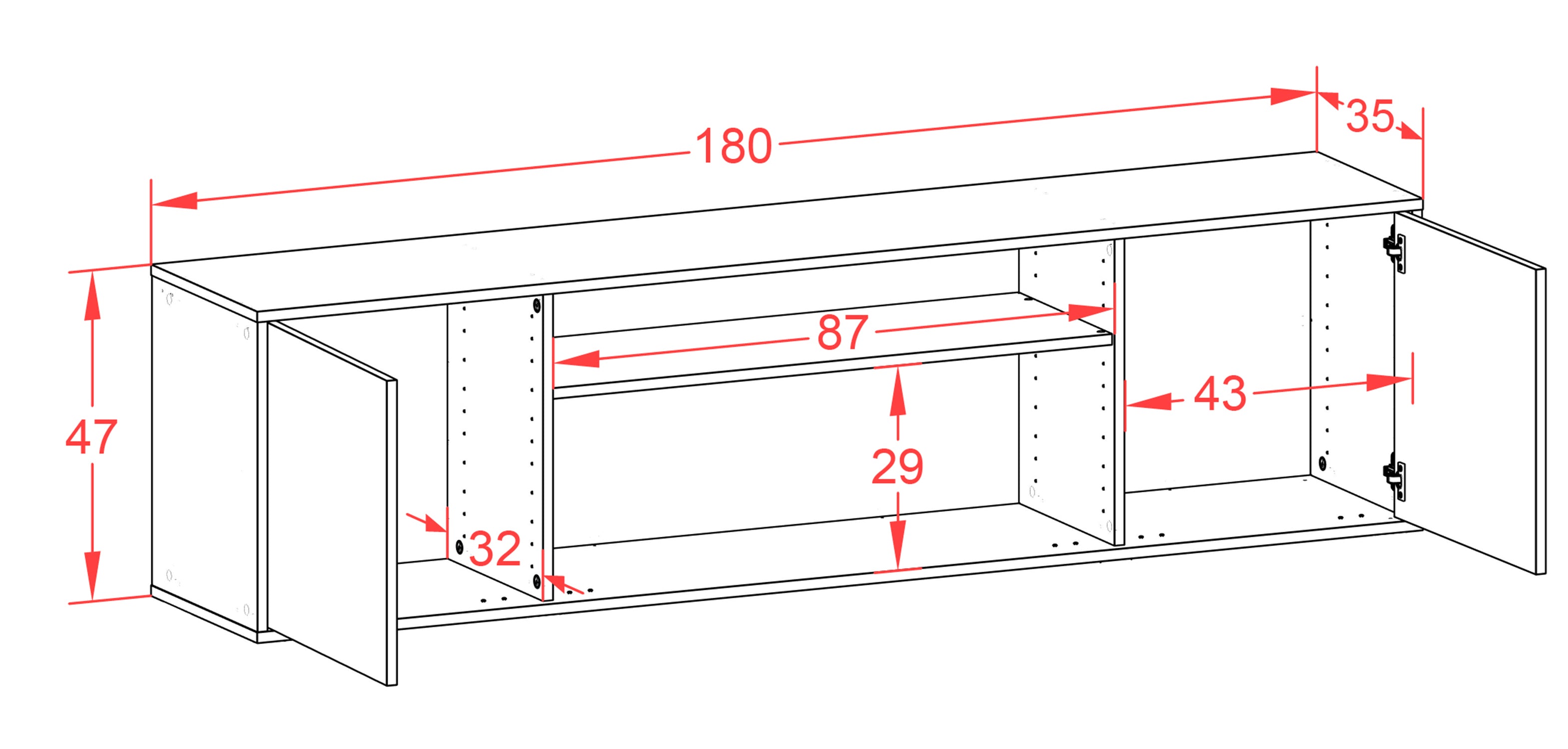 Lowboard - Asia - Design Holzdekor - Wandmontage mit Push to Open 180 cm Weiss