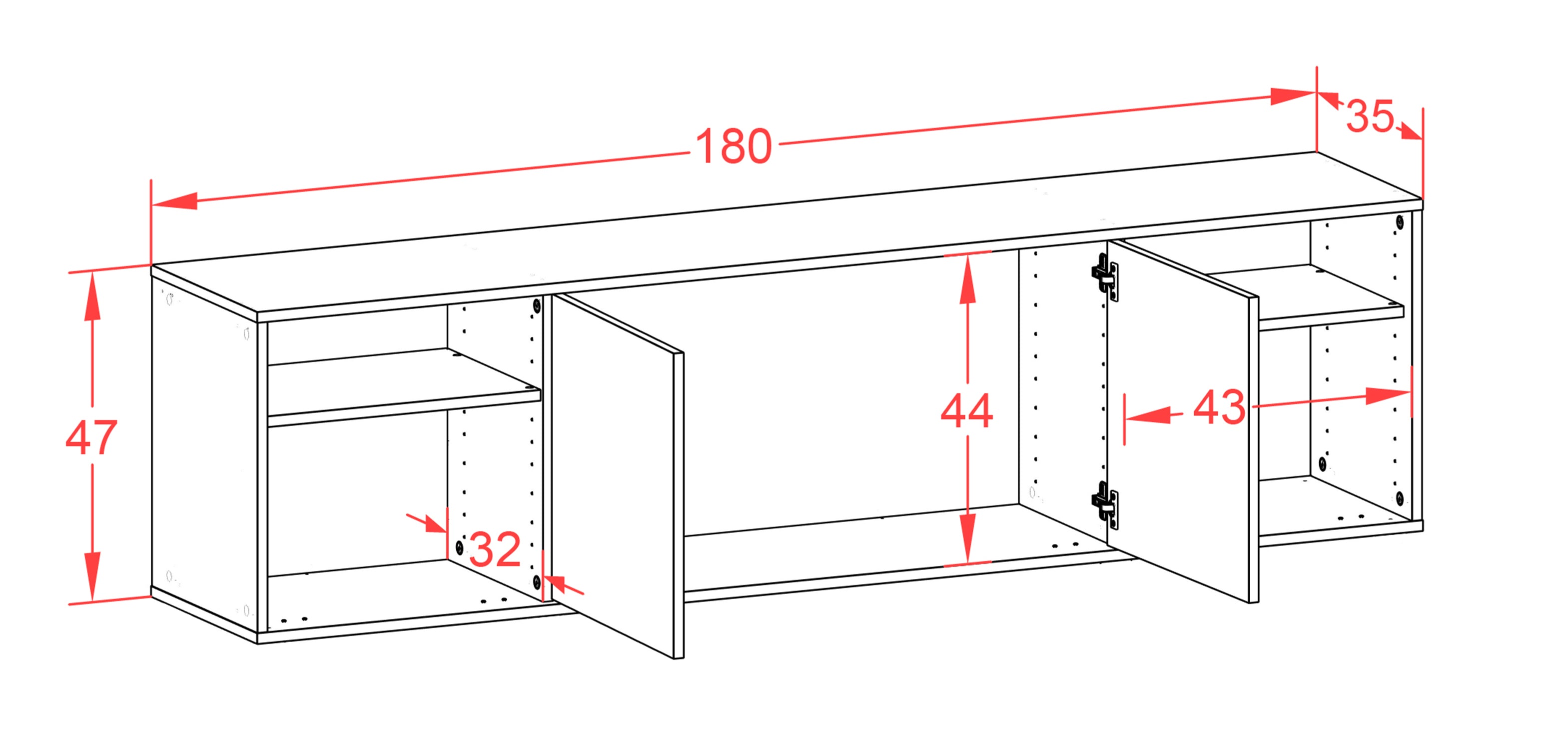 Lowboard - Asimo - Design Hochglanz - Wandmontage mit Push to Open 180 cm Weiss