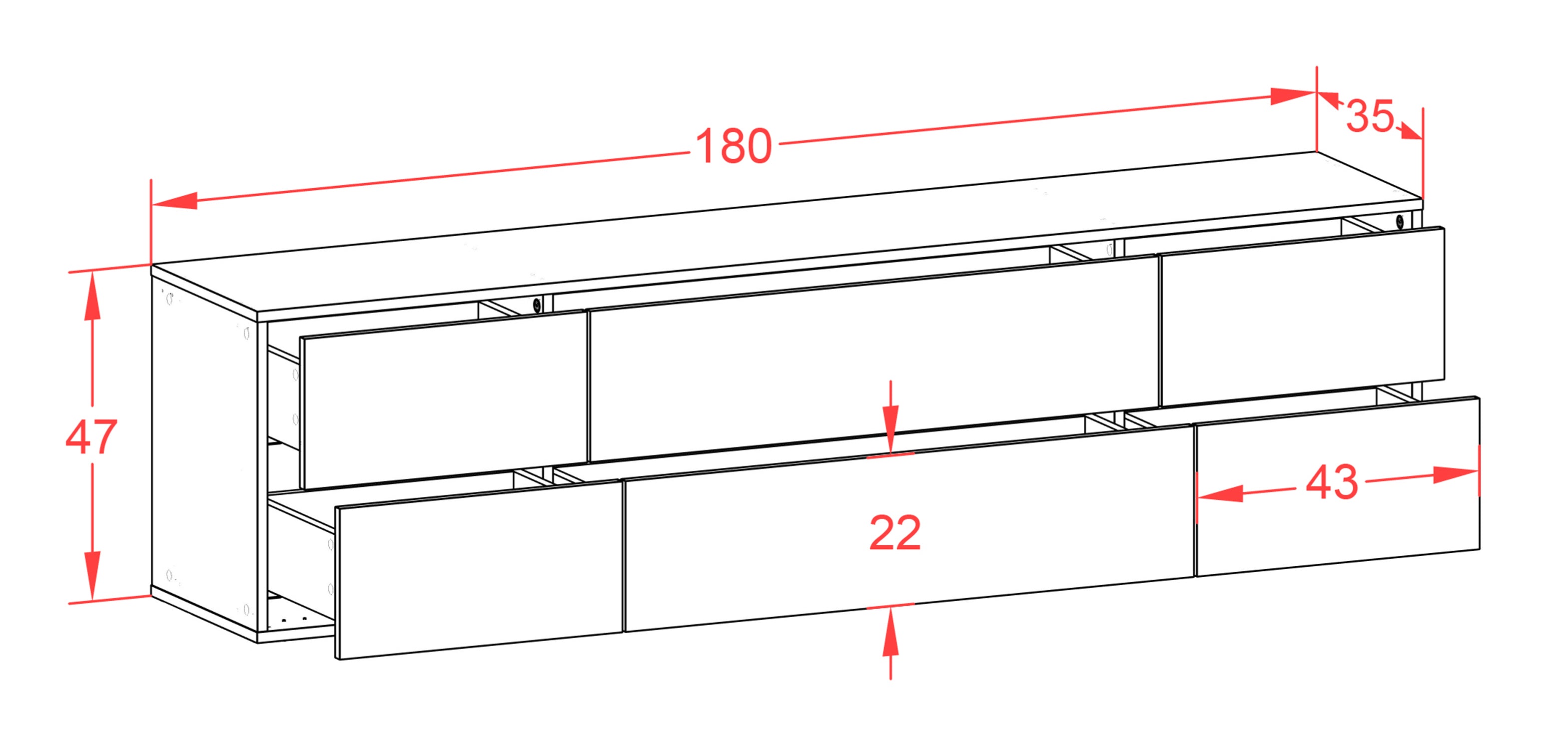 Lowboard - Assunta - Design Farbakzent - Wandmontage mit Push to Open 180 cm Weiss