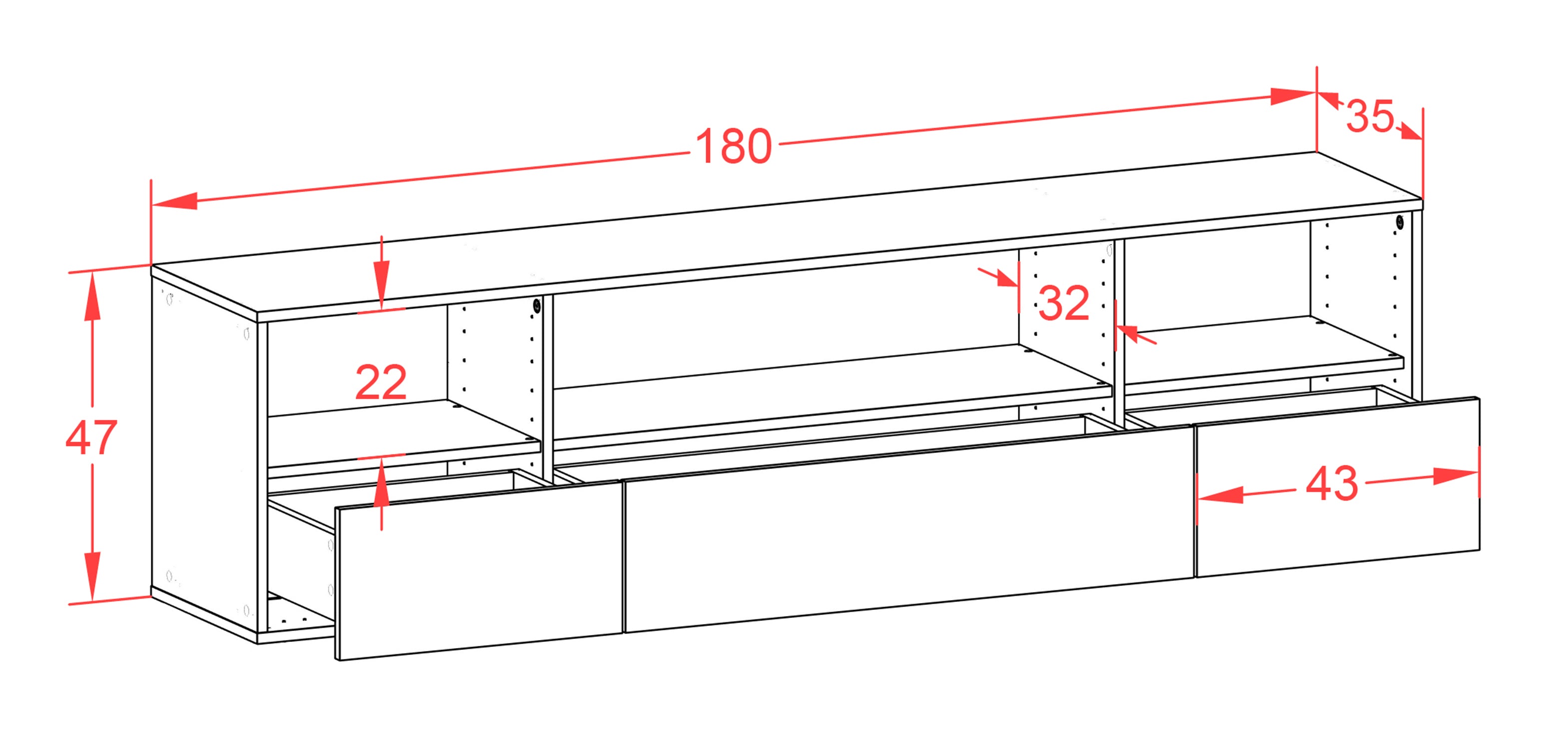 Lowboard - Aurelia - Design Hochglanz - Wandmontage mit Push to Open 180 cm Weiss