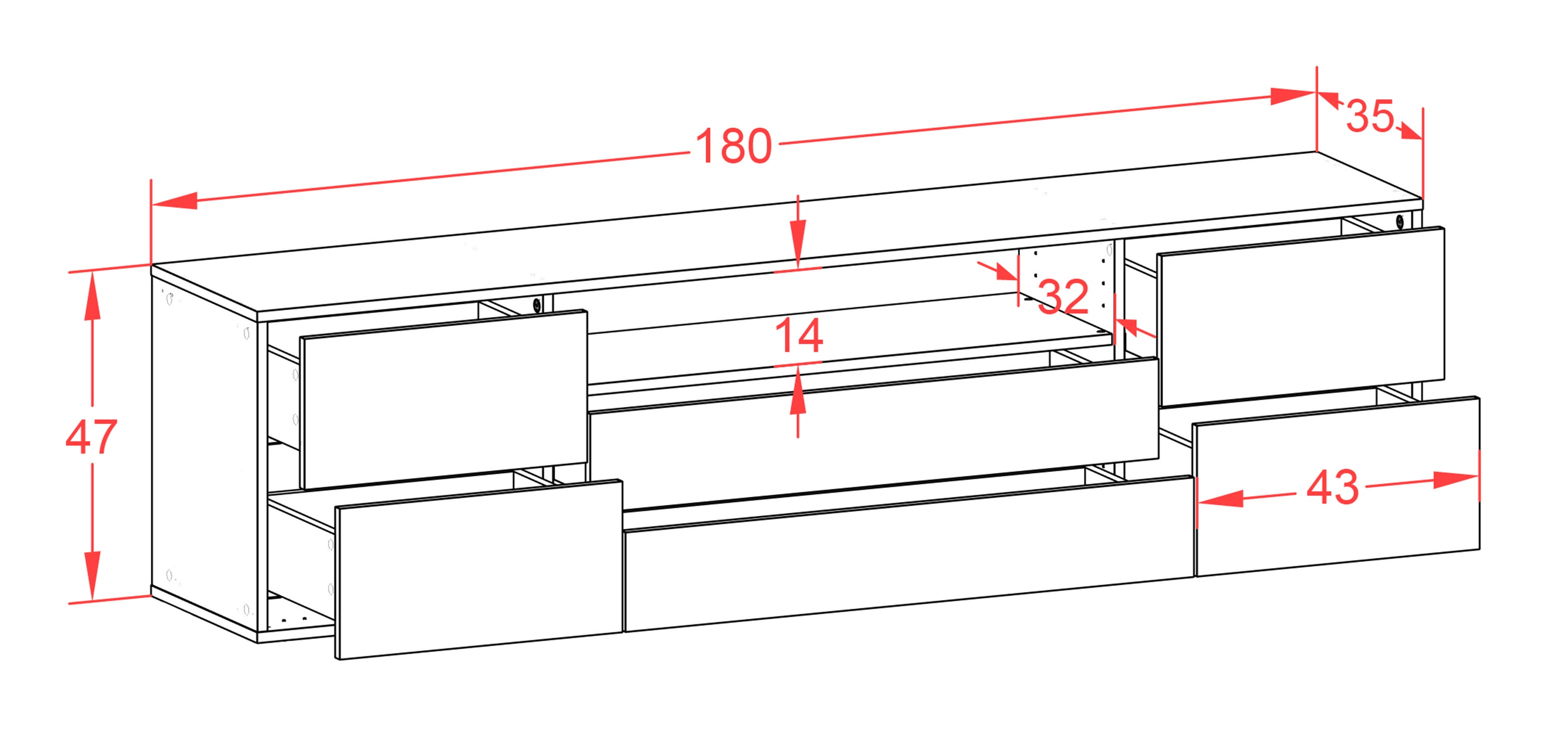 Lowboard - Aurora - Design Hochglanz - Wandmontage mit Push to Open 180 cm Weiss