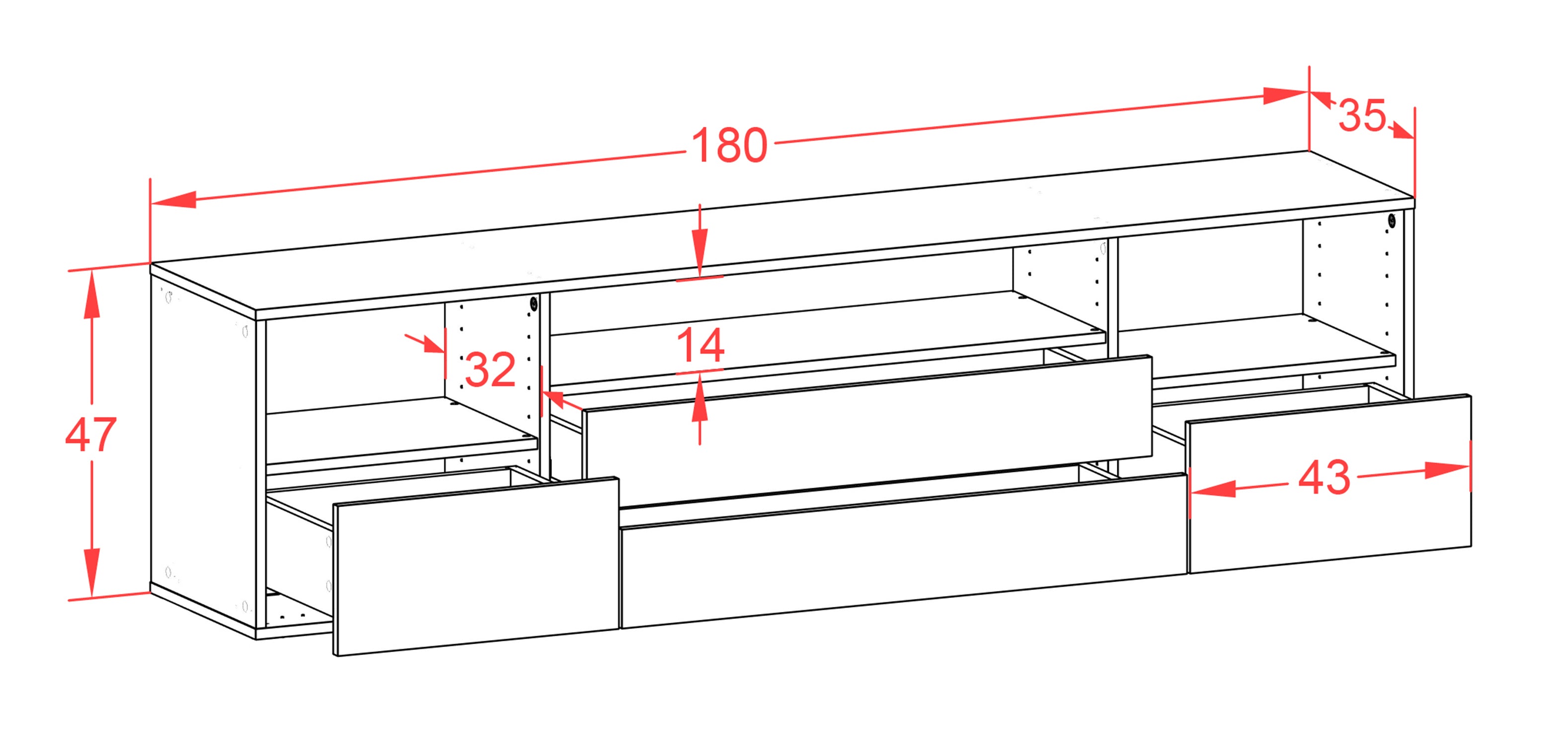 Lowboard - Azula - Design Hochglanz - Wandmontage mit Push to Open 180 cm Weiss