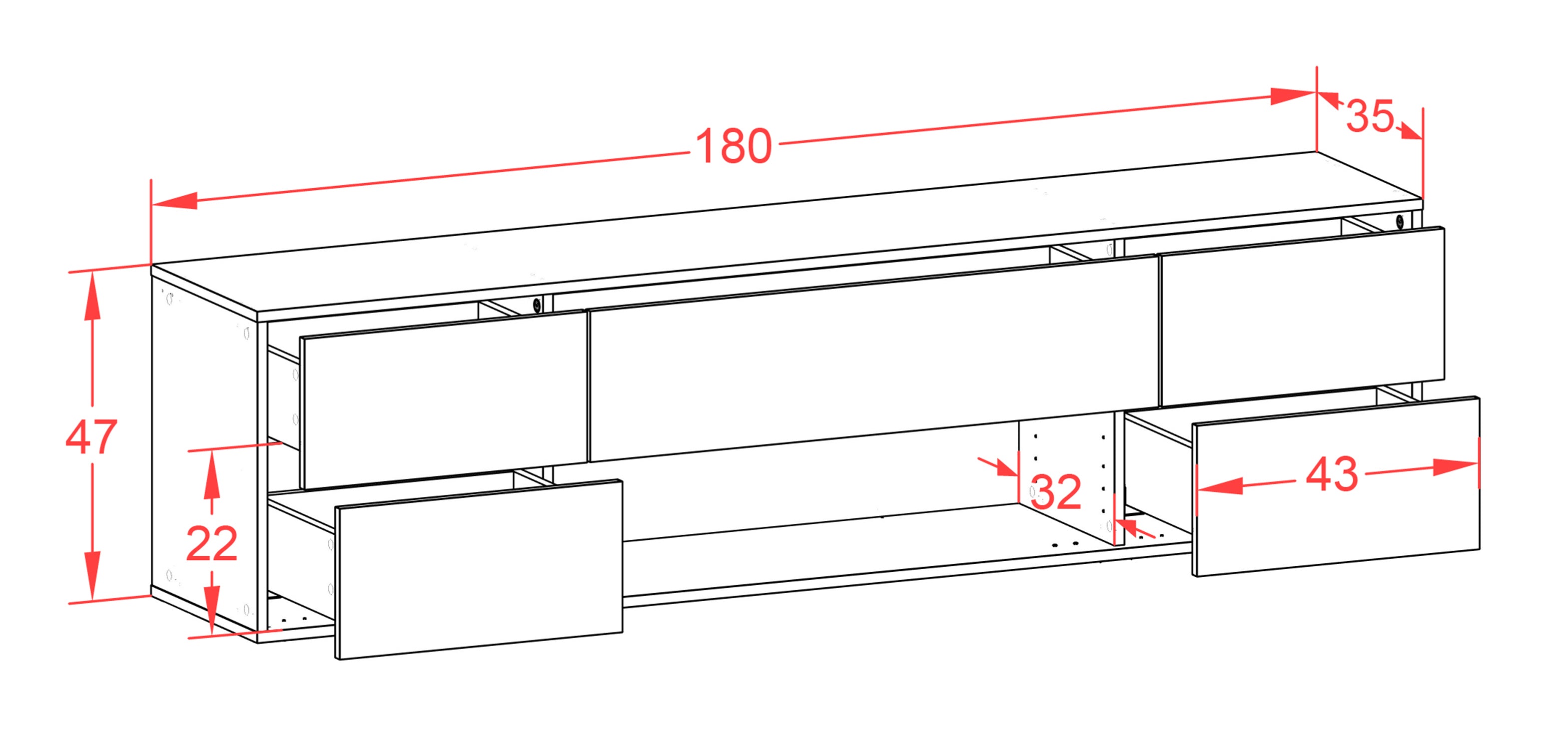 Lowboard - Babetta - Design Hochglanz - Wandmontage mit Push to Open 180 cm Weiss
