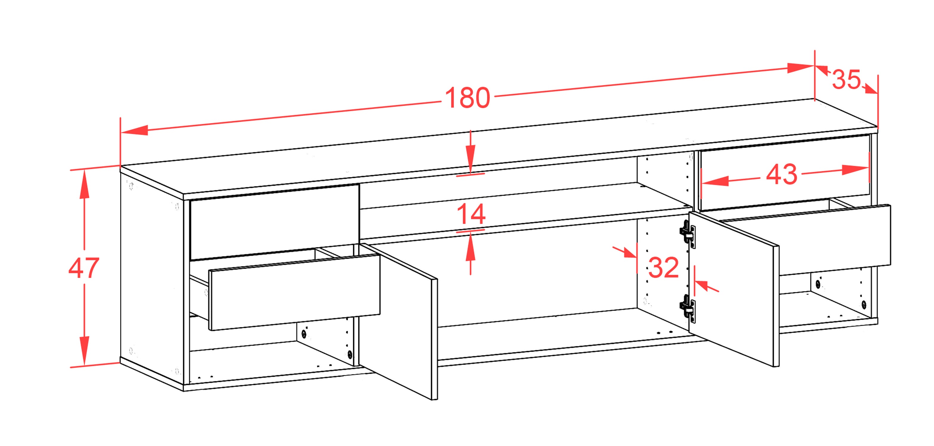 Lowboard - Barbara - Design Hochglanz - Wandmontage mit Push to Open 180 cm Weiss