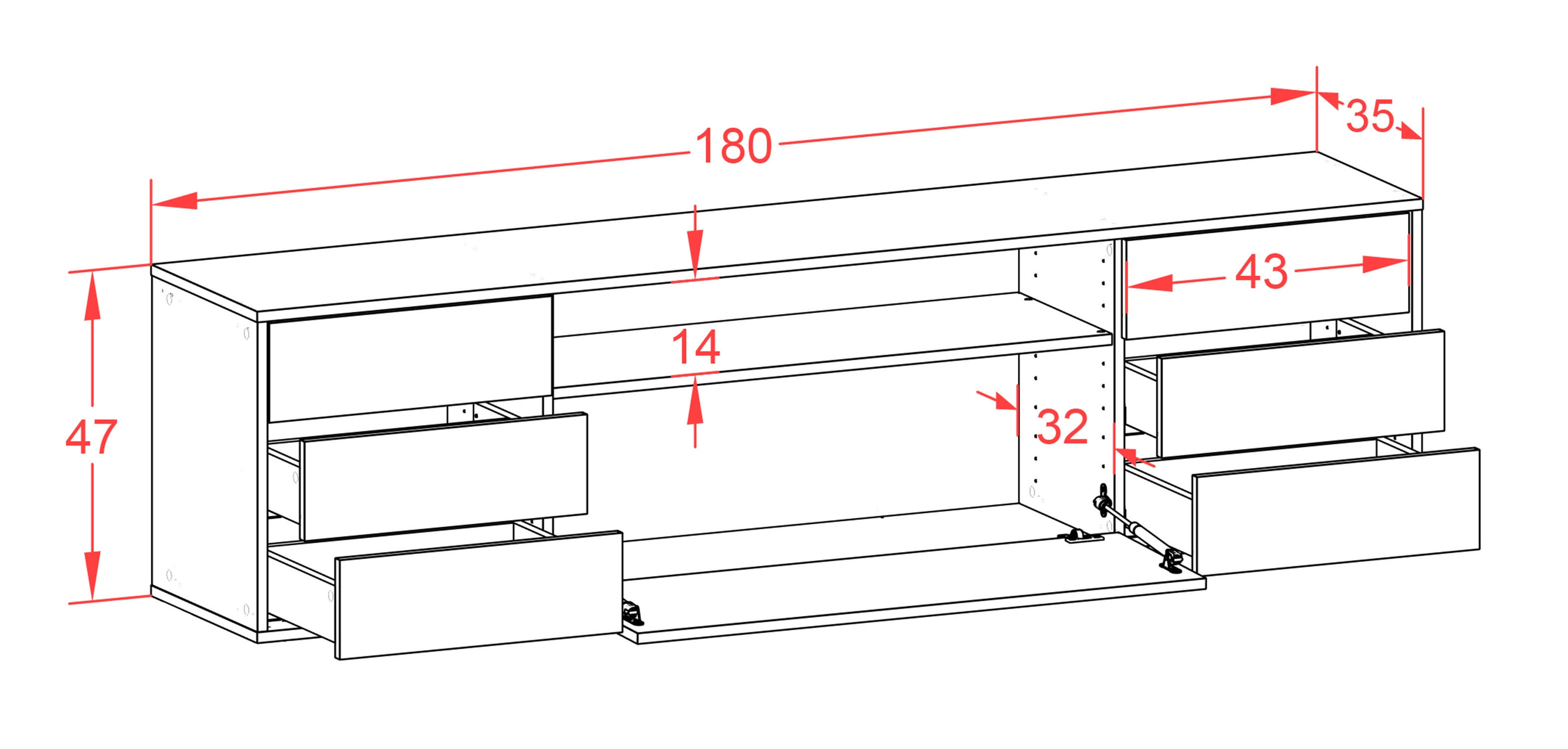 Lowboard - Beatrice - Design Hochglanz - Wandmontage mit Push to Open 180 cm Weiss