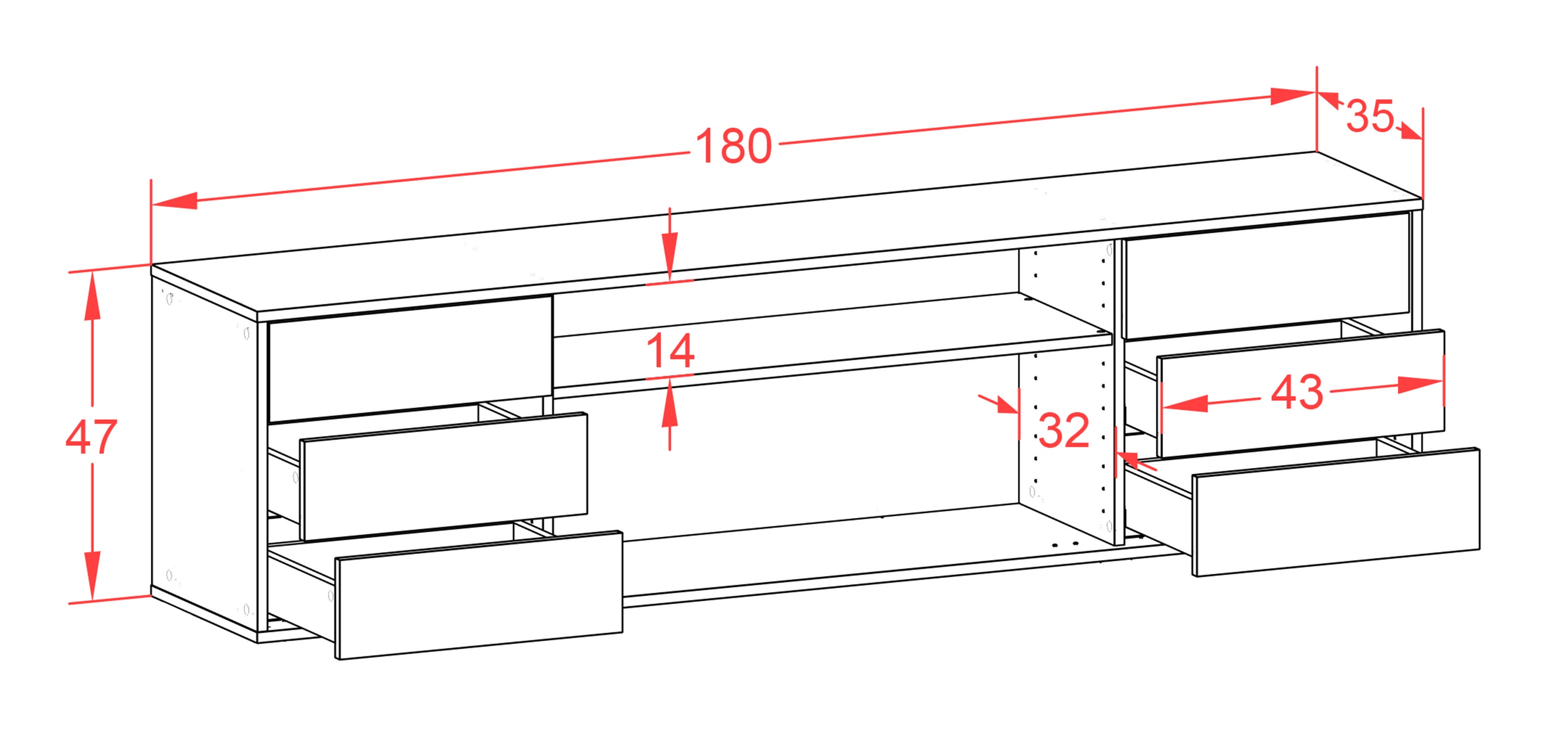 Lowboard - Belinda - Design Hochglanz - Wandmontage mit Push to Open 180 cm Weiss