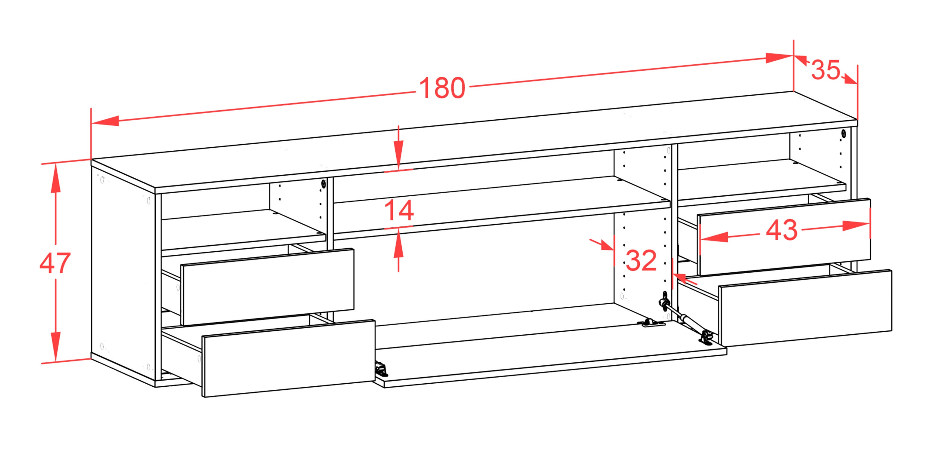 Lowboard - Bella - Design Holzdekor - Wandmontage mit Push to Open 180 cm Weiss