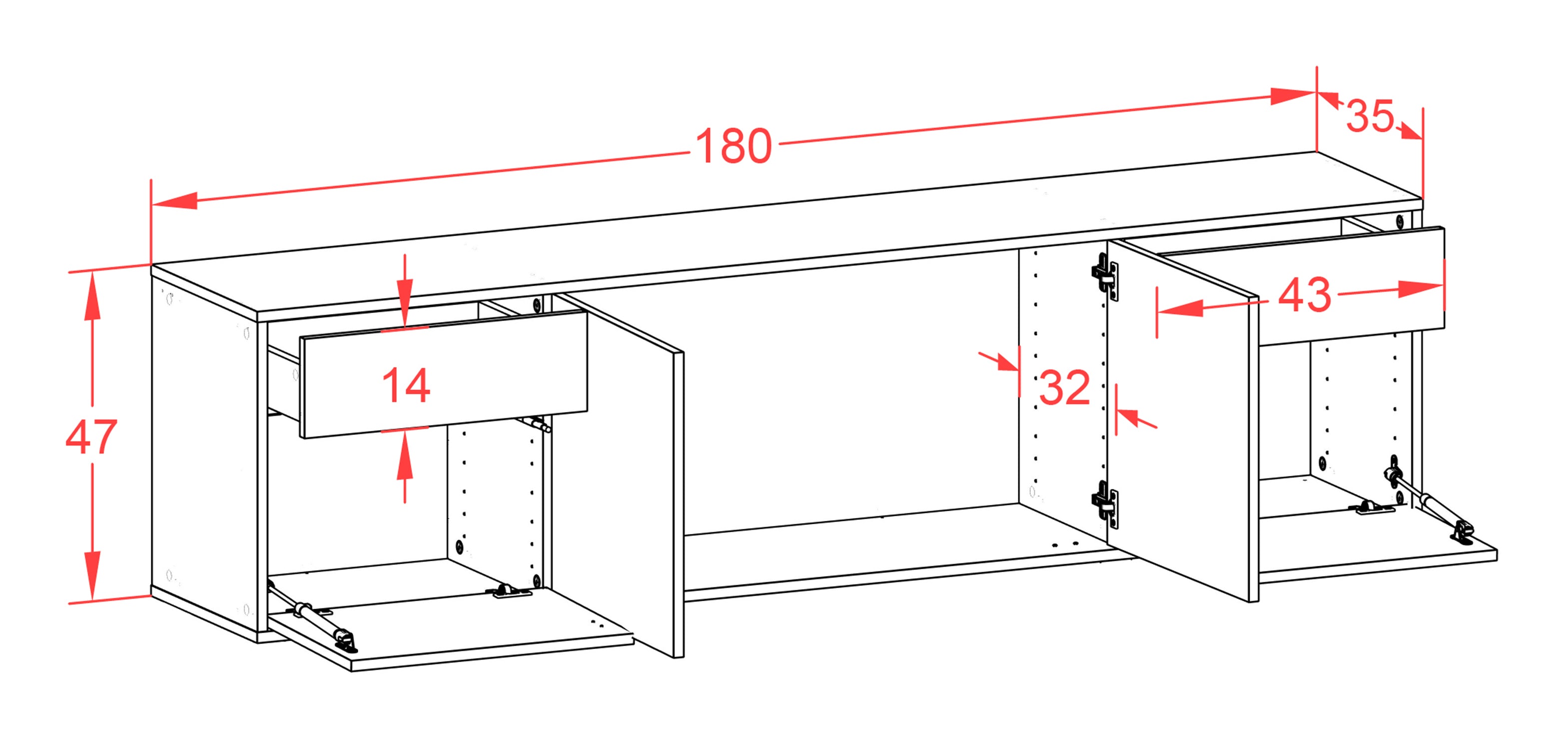 Lowboard - Benedetta - Design Holzdekor - Wandmontage mit Push to Open 180 cm Weiss