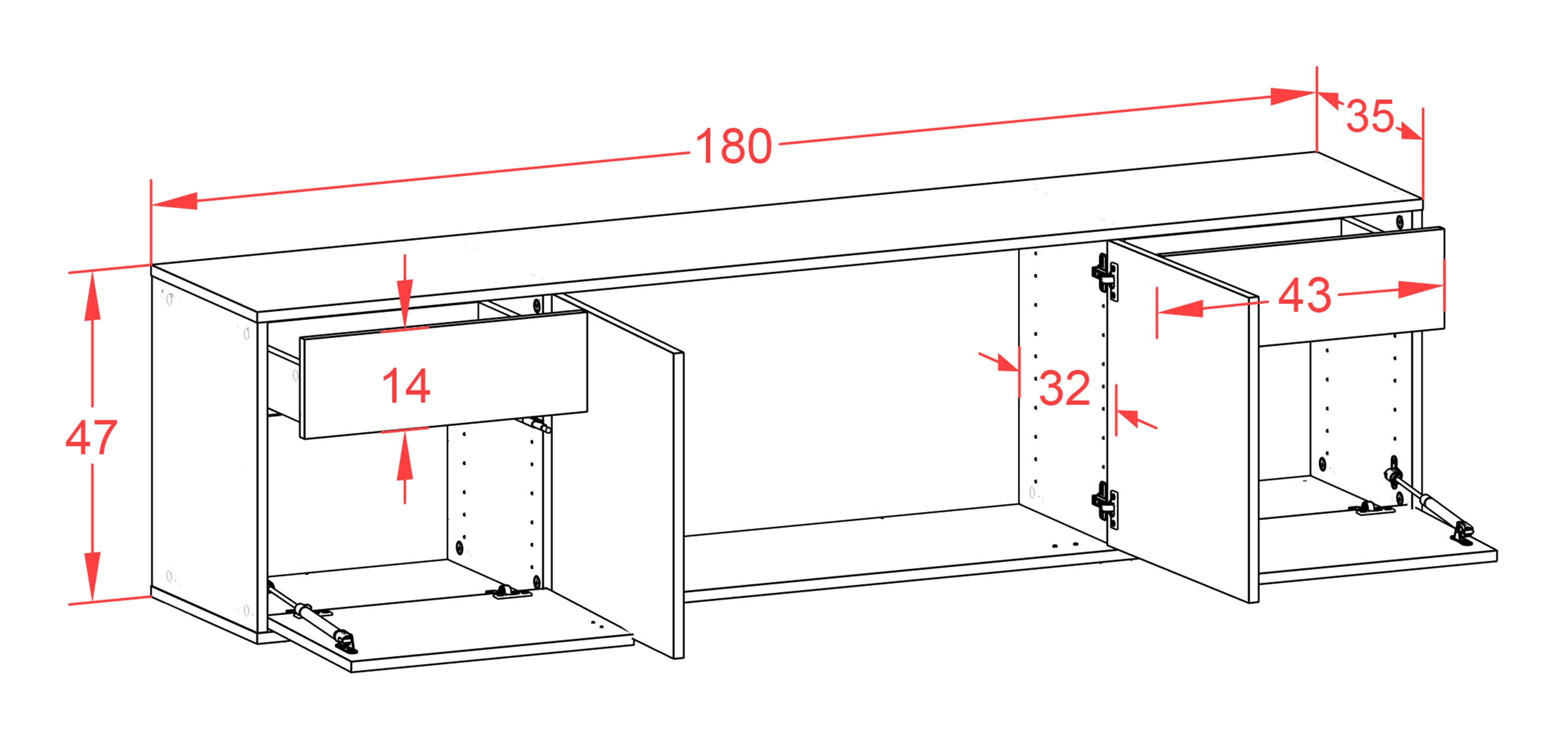 Lowboard - Benedetta - Design Hochglanz - Wandmontage mit Push to Open 180 cm Weiss