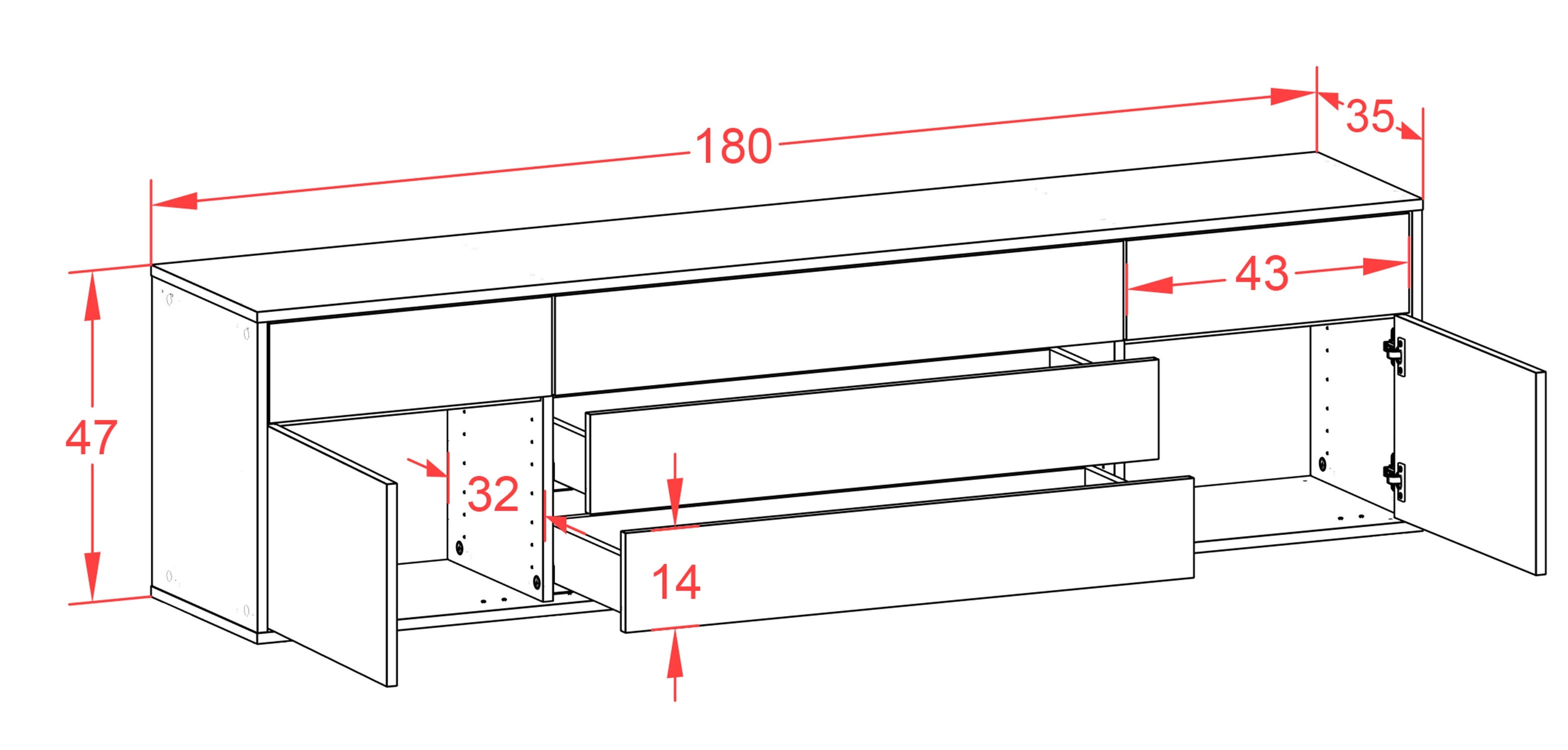 Lowboard - Benita - Design Farbakzent - Wandmontage mit Push to Open 180 cm Weiss