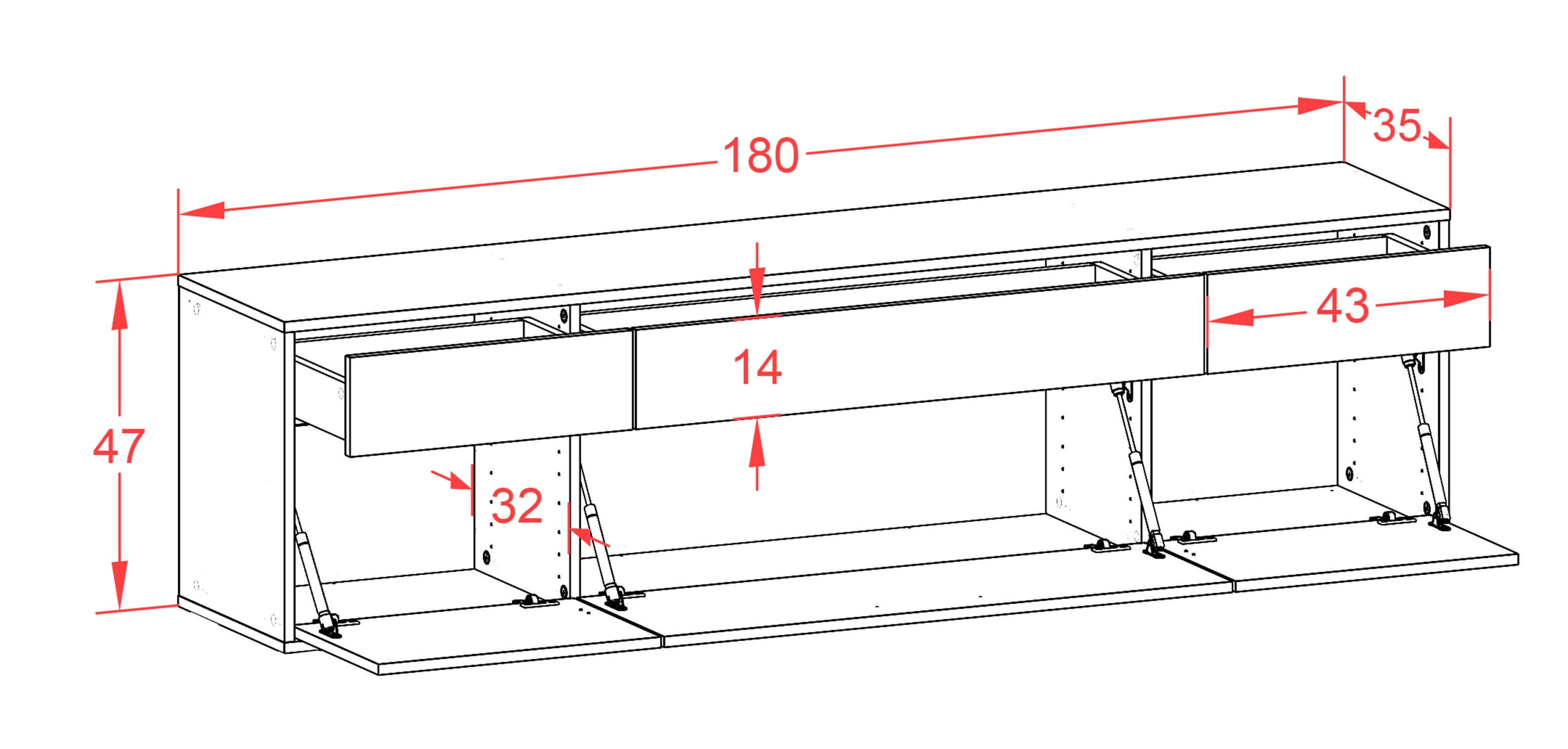 Lowboard - Beppa - Design Holzdekor - Wandmontage mit Push to Open 180 cm Weiss