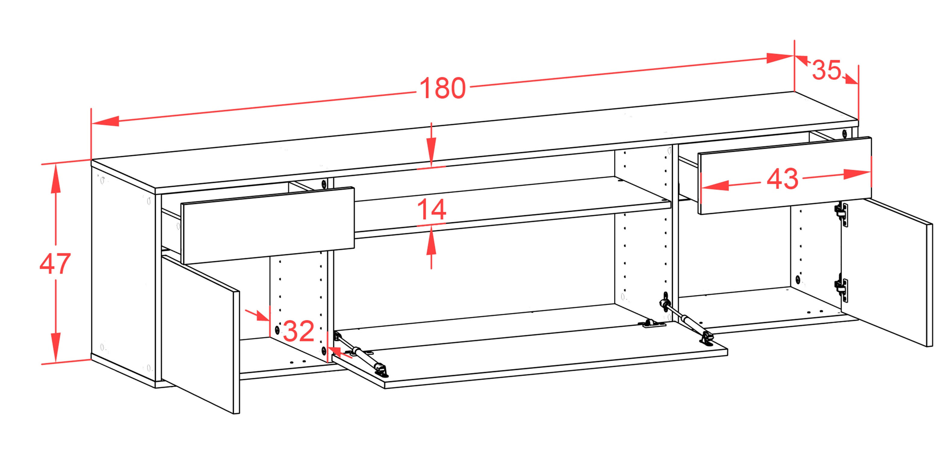 Lowboard - Bernadetta - Design Hochglanz - Wandmontage mit Push to Open 180 cm Weiss