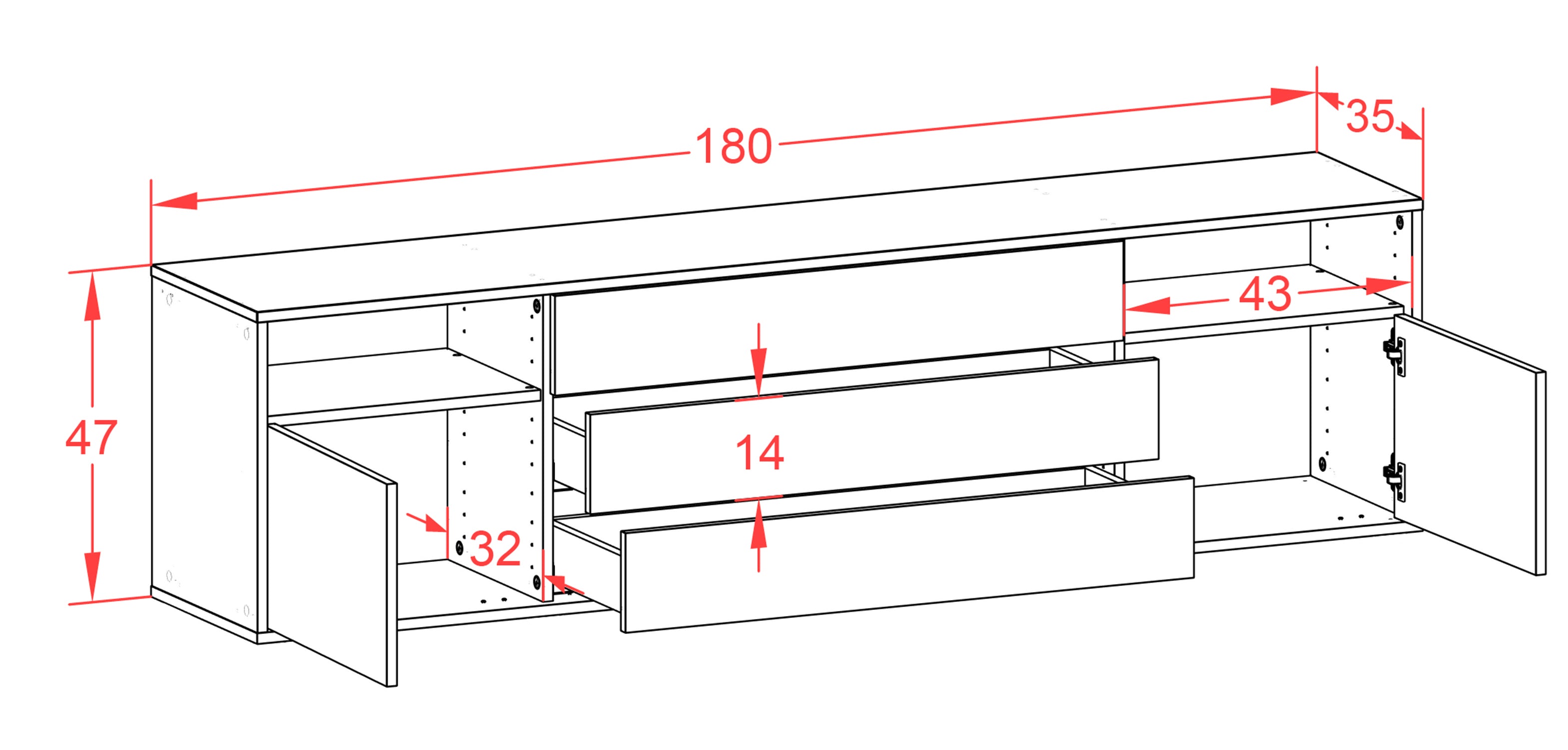 Lowboard - Bettina - Design Farbakzent - Wandmontage mit Push to Open 180 cm Weiss