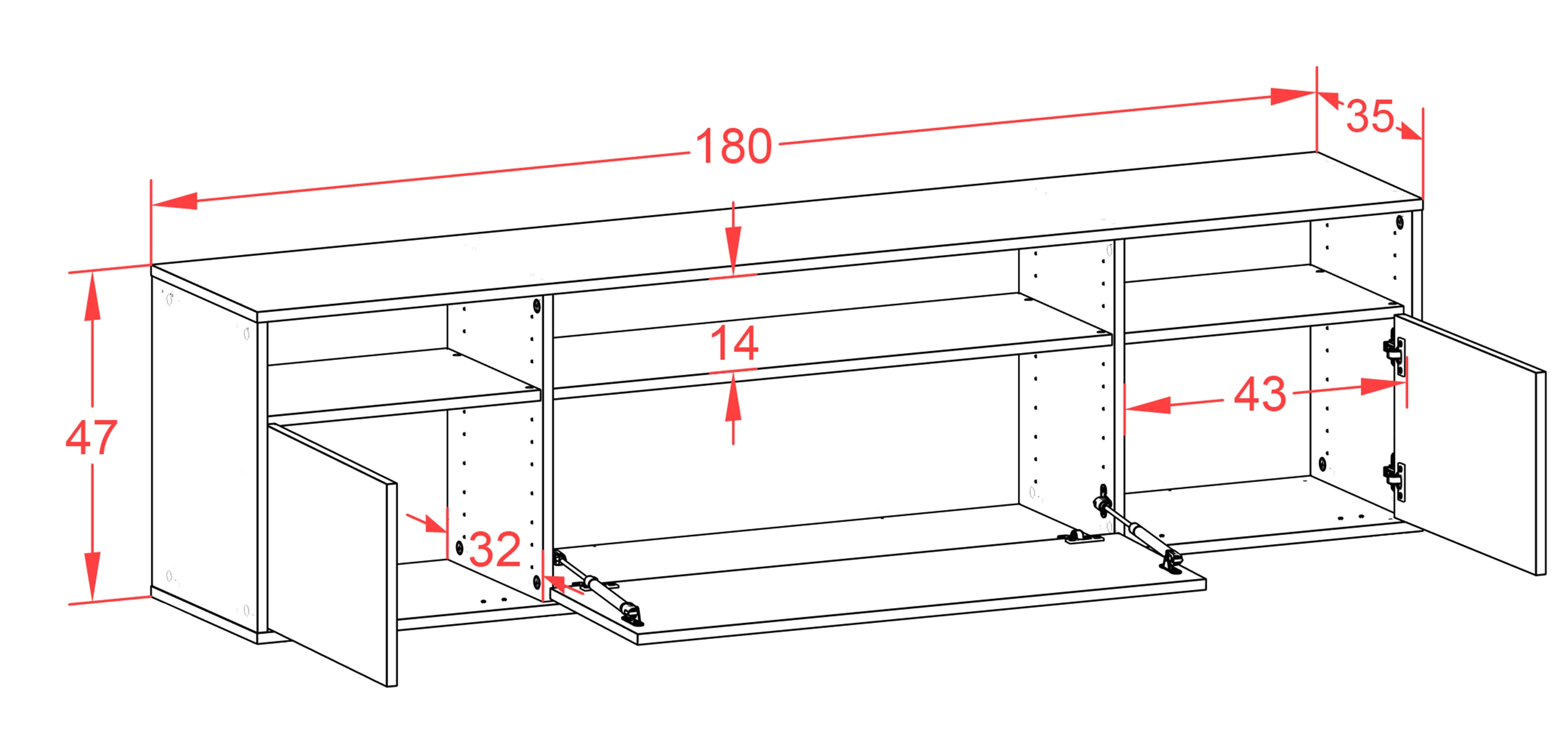 Lowboard - BIANCA - Design Hochglanz - Wandmontage mit Push to Open 180 cm Weiss