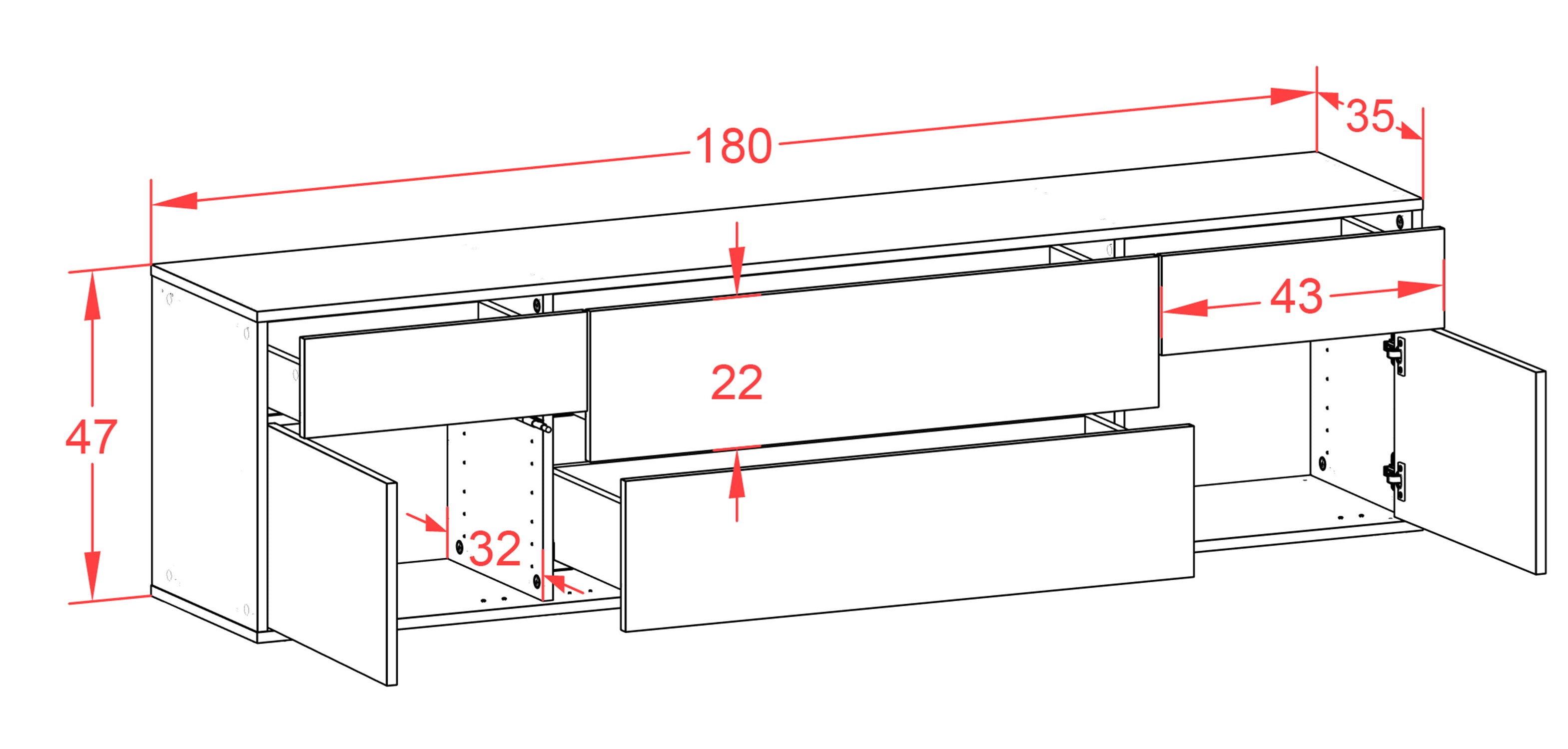 Lowboard - Bibiane - Design Holzdekor - Wandmontage mit Push to Open 180 cm Weiss