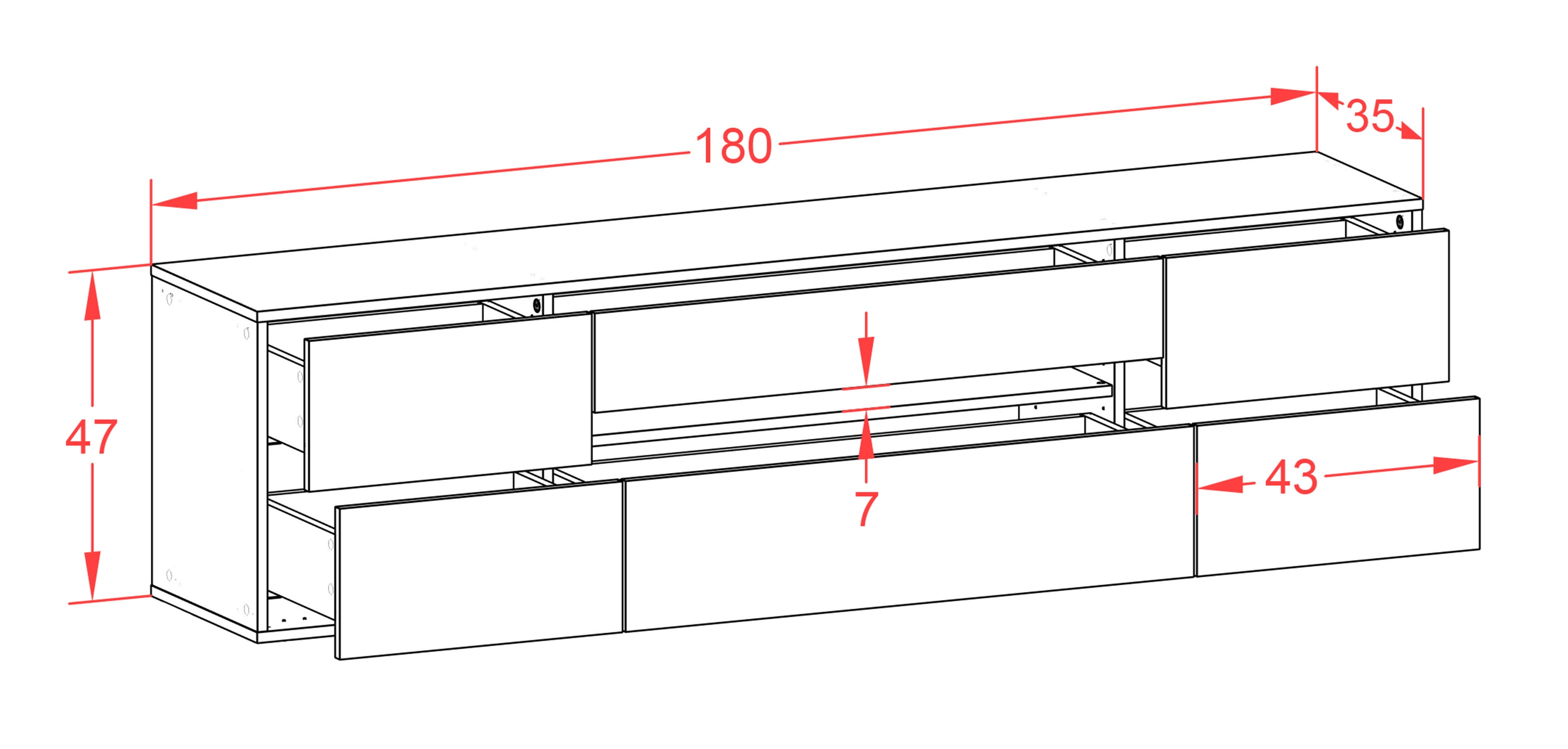 Lowboard - Bjonda - Design Hochglanz - Wandmontage mit Push to Open 180 cm Weiss