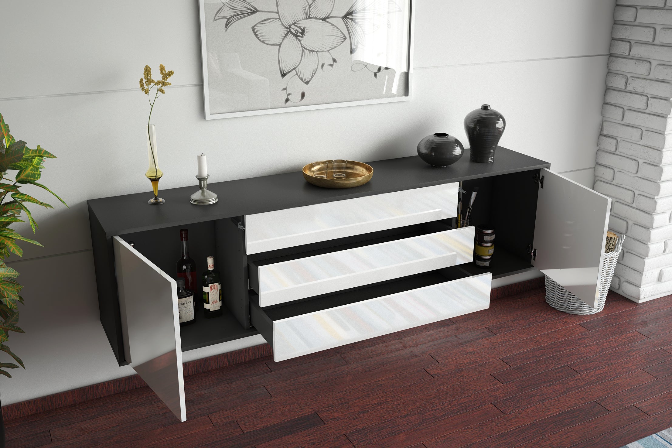 Lowboard - Ariella - Design Hochglanz - Wandmontage mit Push to Open 180 cm Anthrazit