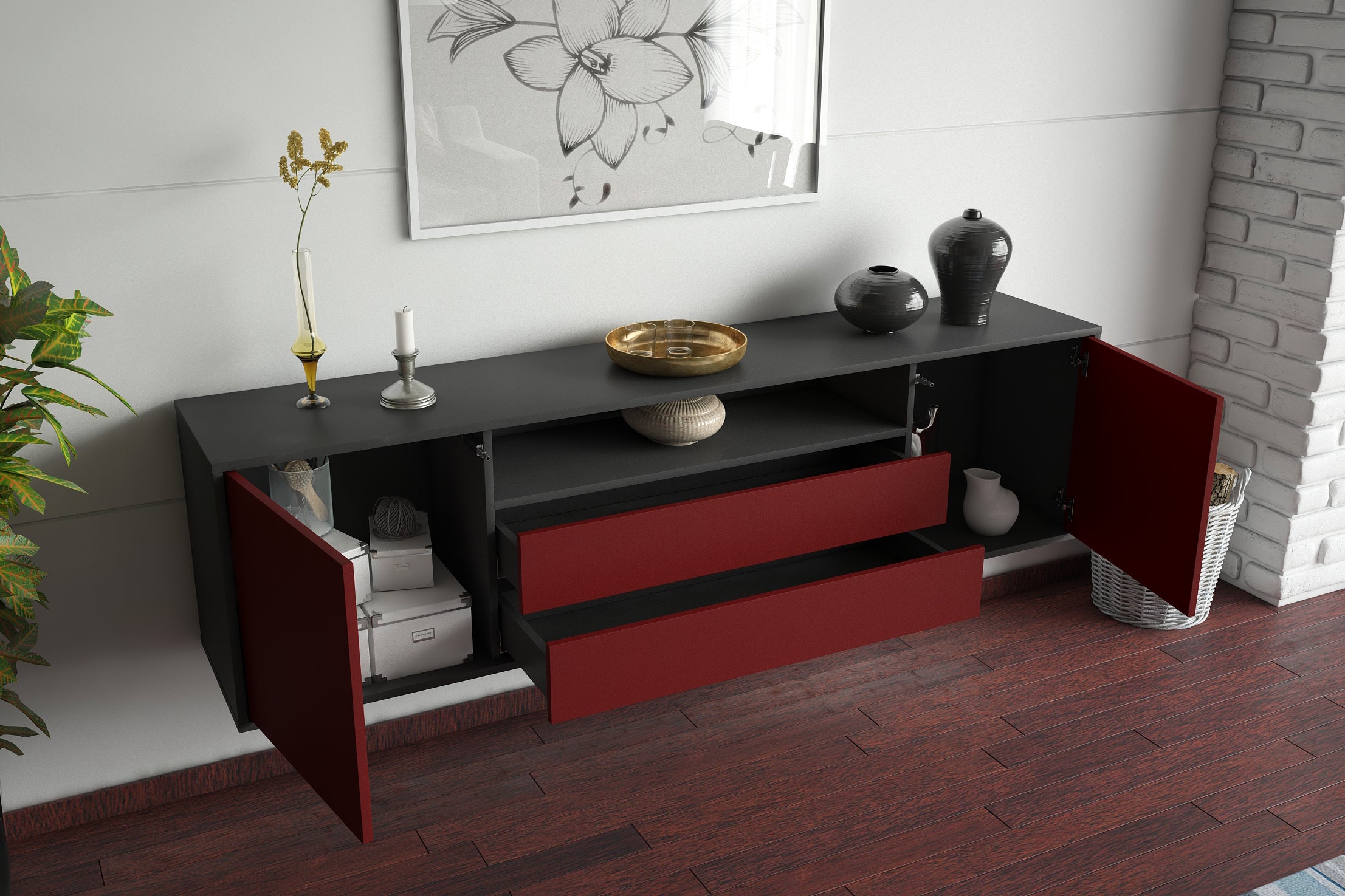 Lowboard - Armanda - Design Farbakzent - Wandmontage mit Push to Open 180 cm Anthrazit
