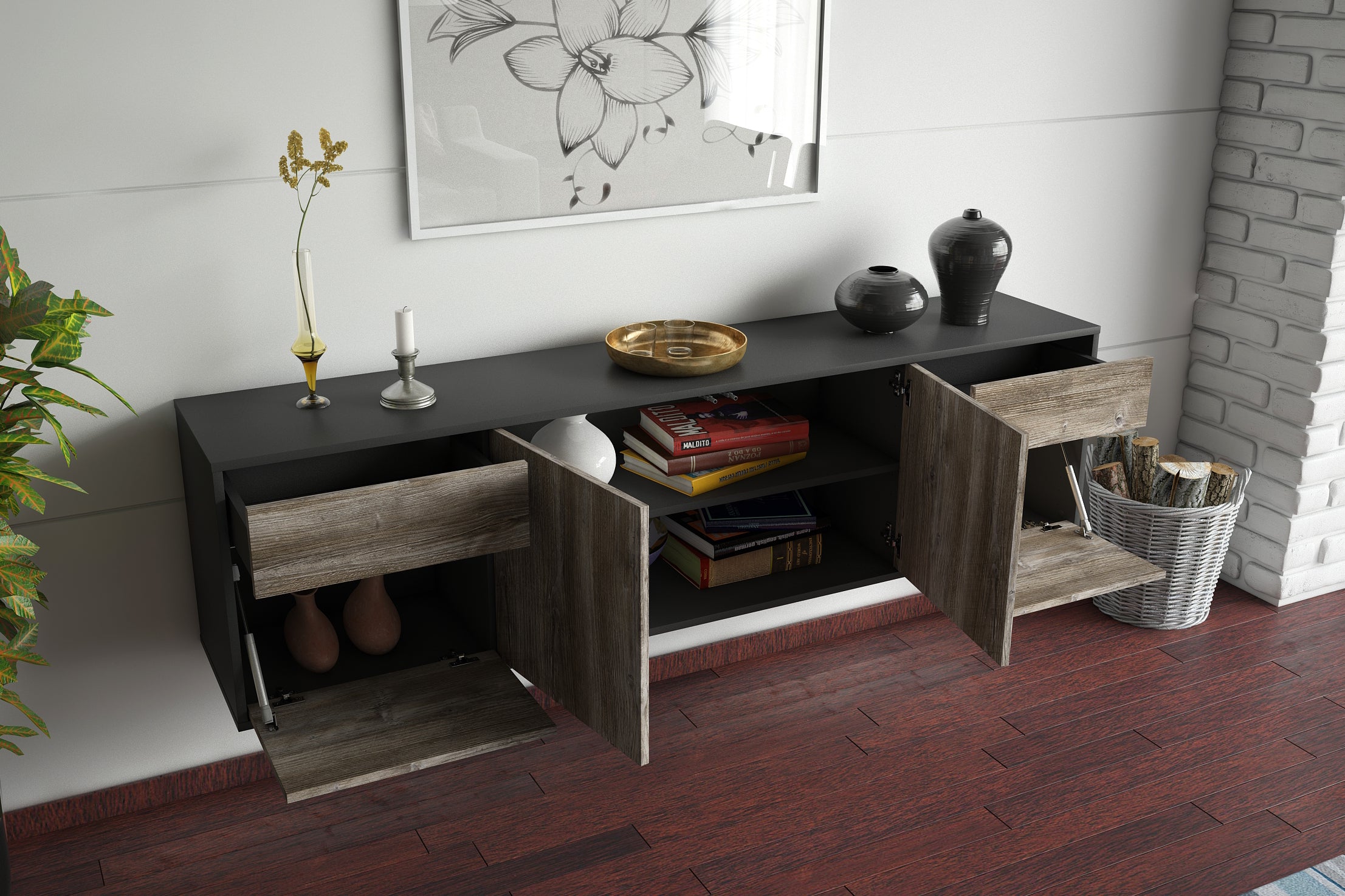 Lowboard - Benedetta - Design Holzdekor - Wandmontage mit Push to Open 180 cm Anthrazit