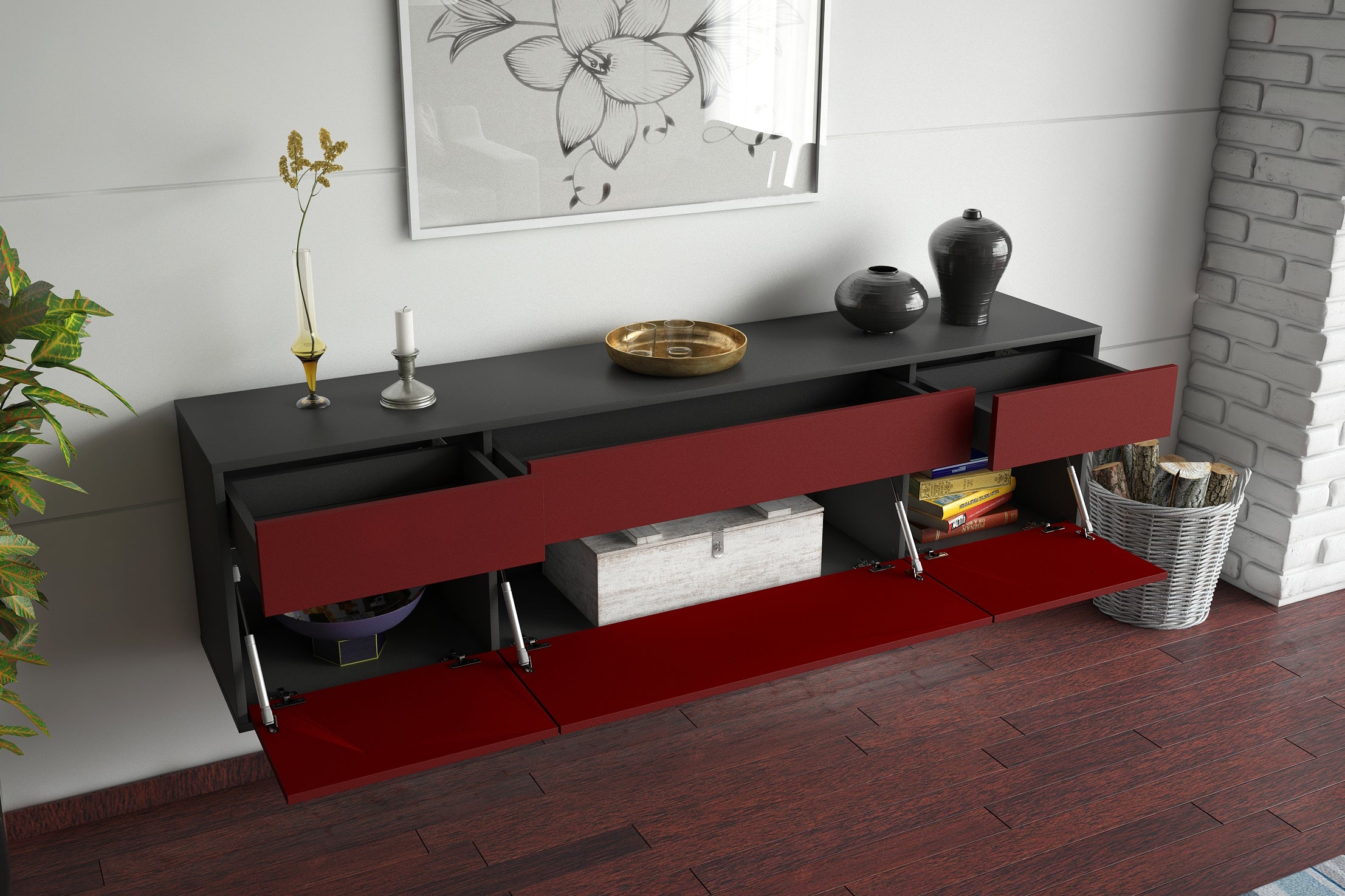 Lowboard - Beppa - Design Farbakzent - Wandmontage mit Push to Open 180 cm Anthrazit
