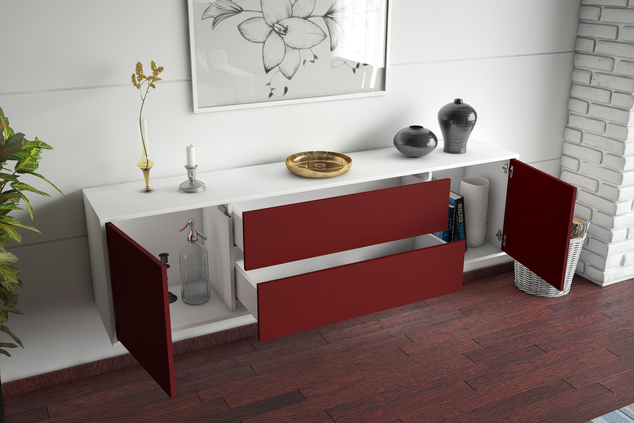 Lowboard - Aquilina - Design Farbakzent - Wandmontage mit Push to Open 180 cm Weiss