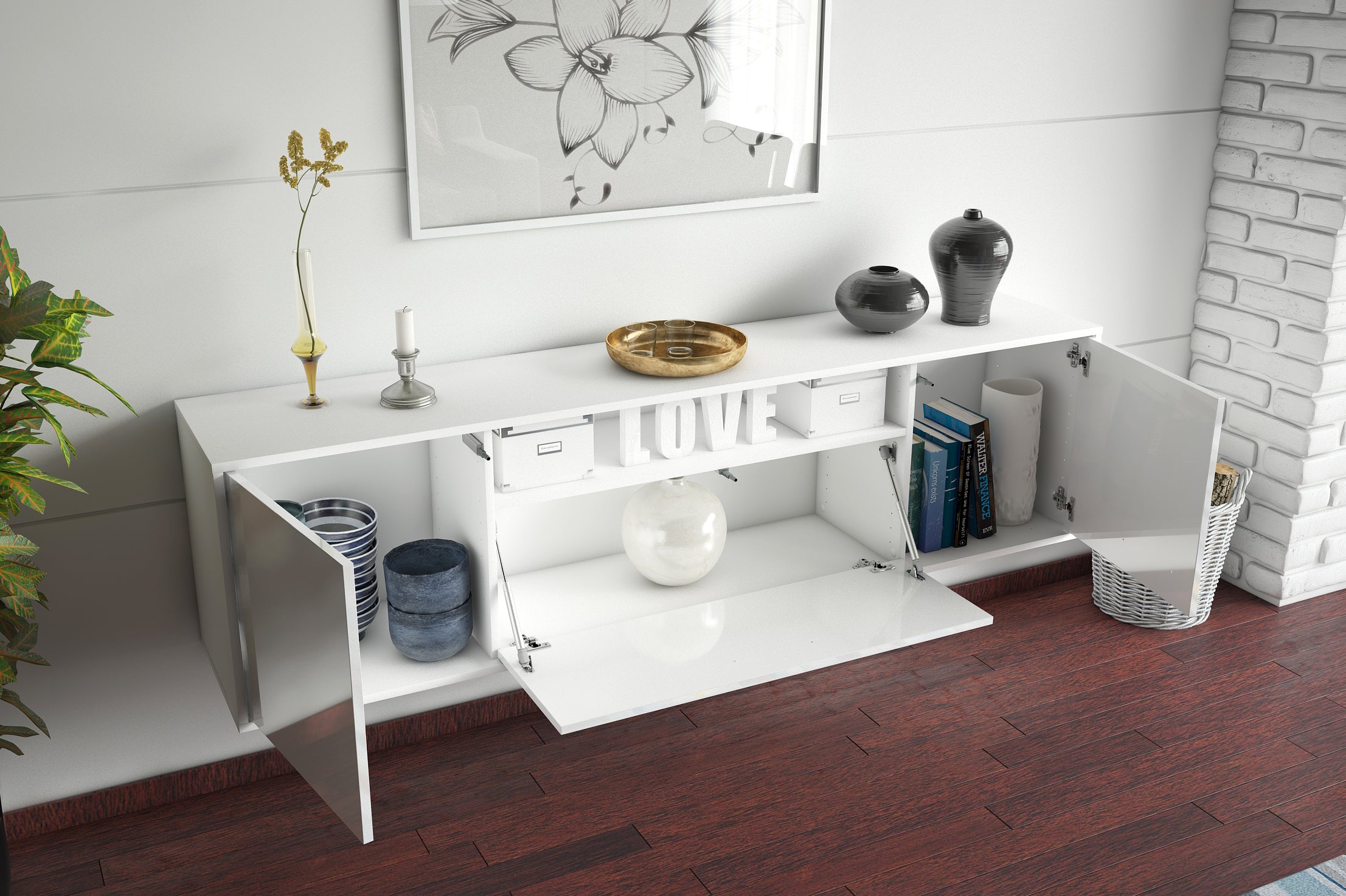 Lowboard - Ariana - Design Hochglanz - Wandmontage mit Push to Open 180 cm Weiss