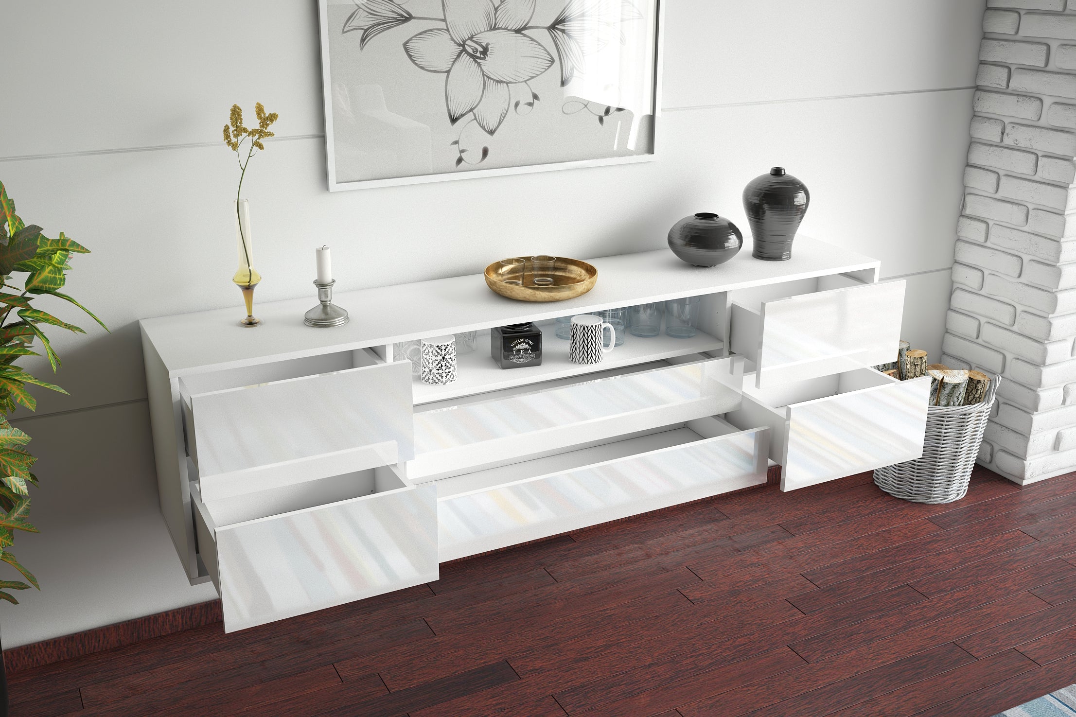 Lowboard - Aurora - Design Hochglanz - Wandmontage mit Push to Open 180 cm Weiss