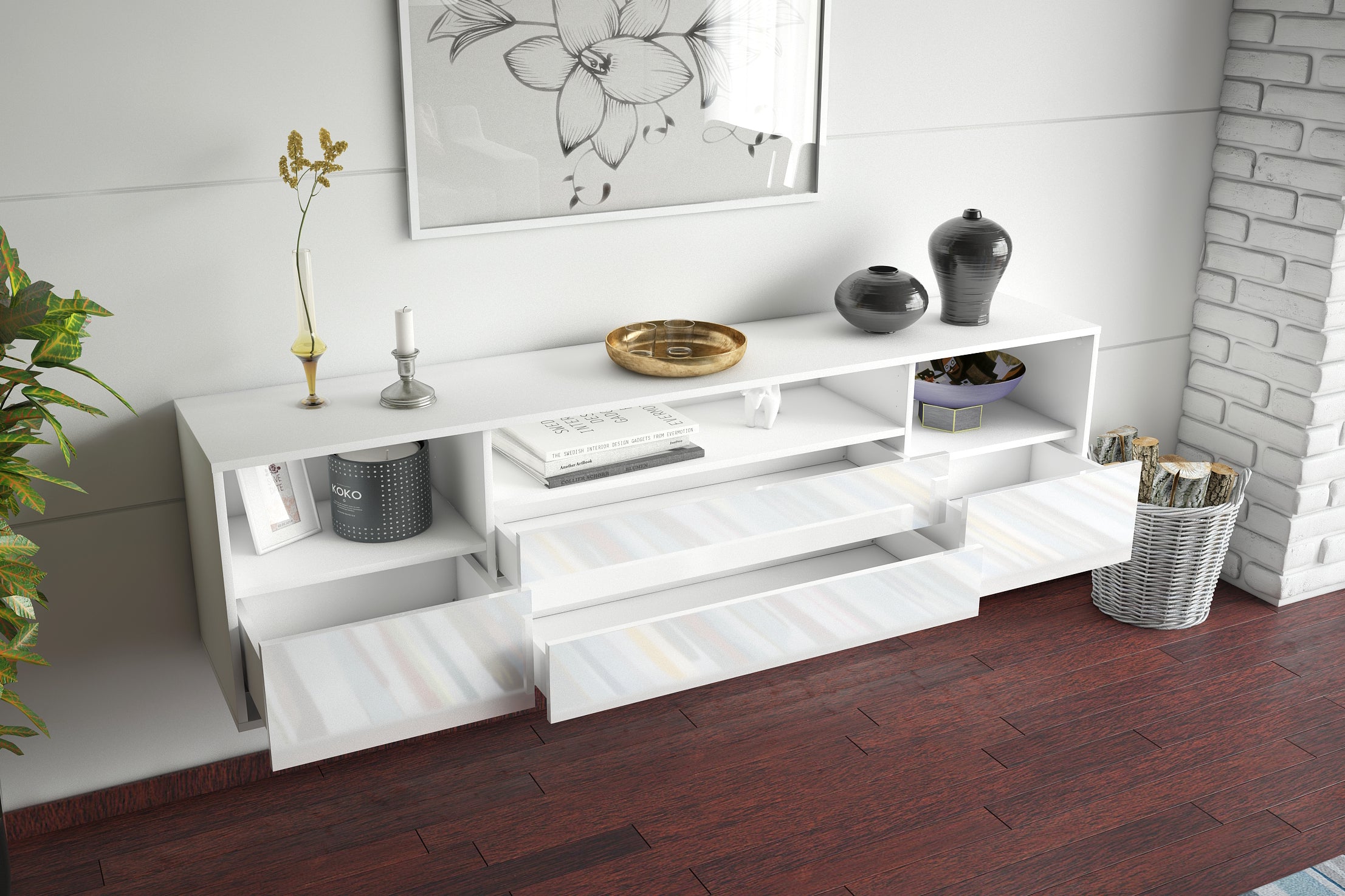 Lowboard - Azula - Design Hochglanz - Wandmontage mit Push to Open 180 cm Weiss
