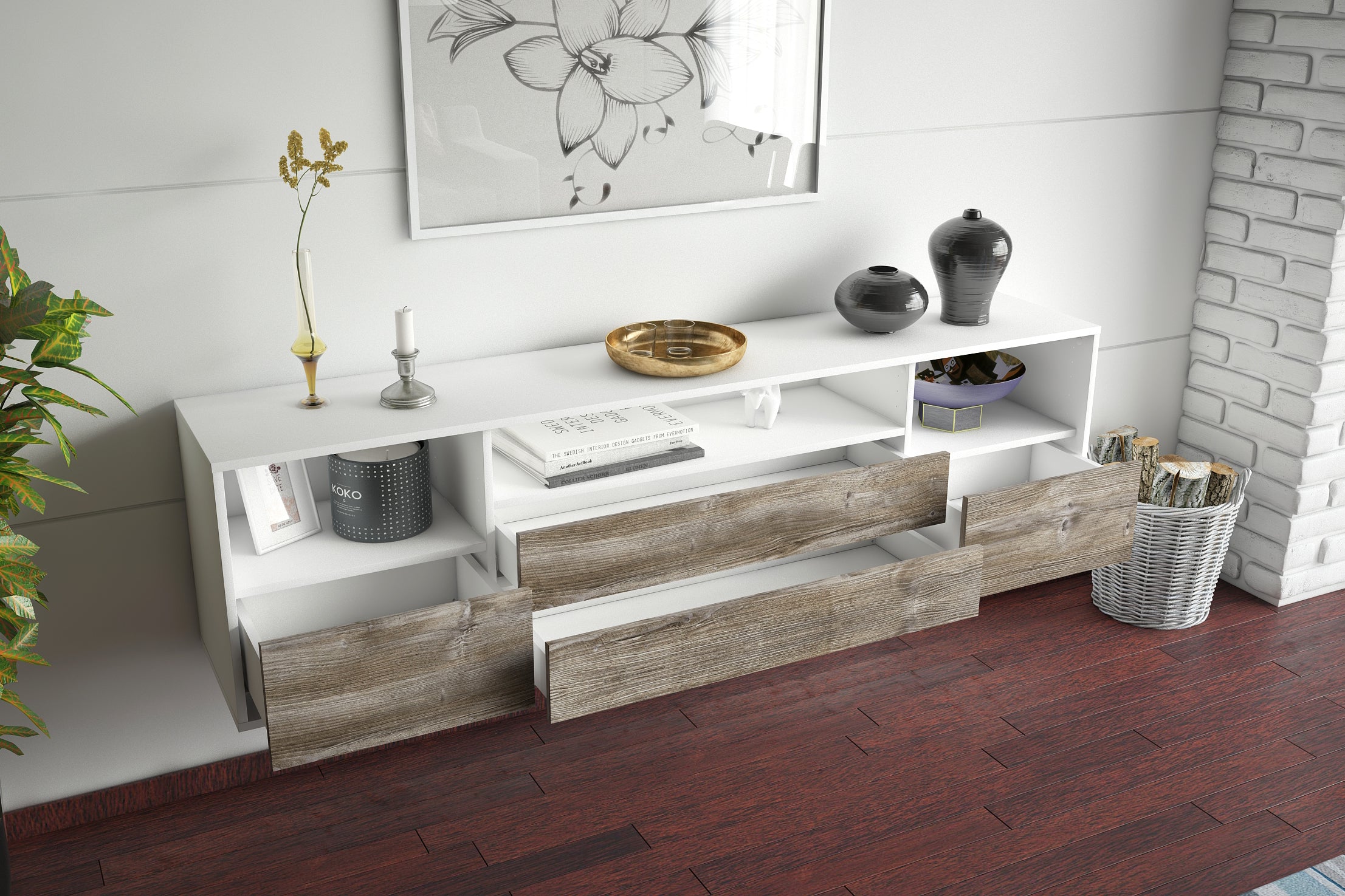 Lowboard - Azula - Design Holzdekor - Wandmontage mit Push to Open 180 cm Weiss