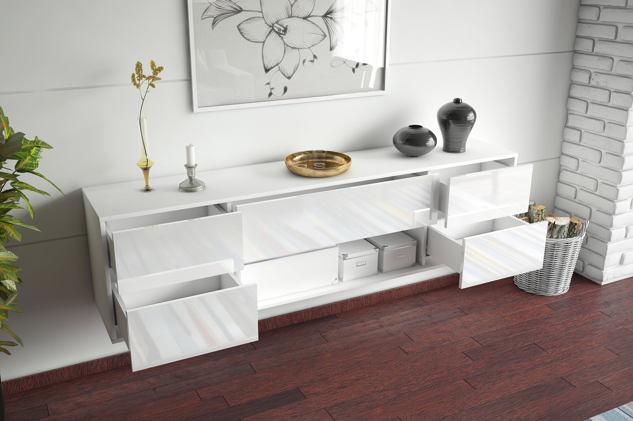 Lowboard - Babetta - Design Hochglanz - Wandmontage mit Push to Open 180 cm Weiss