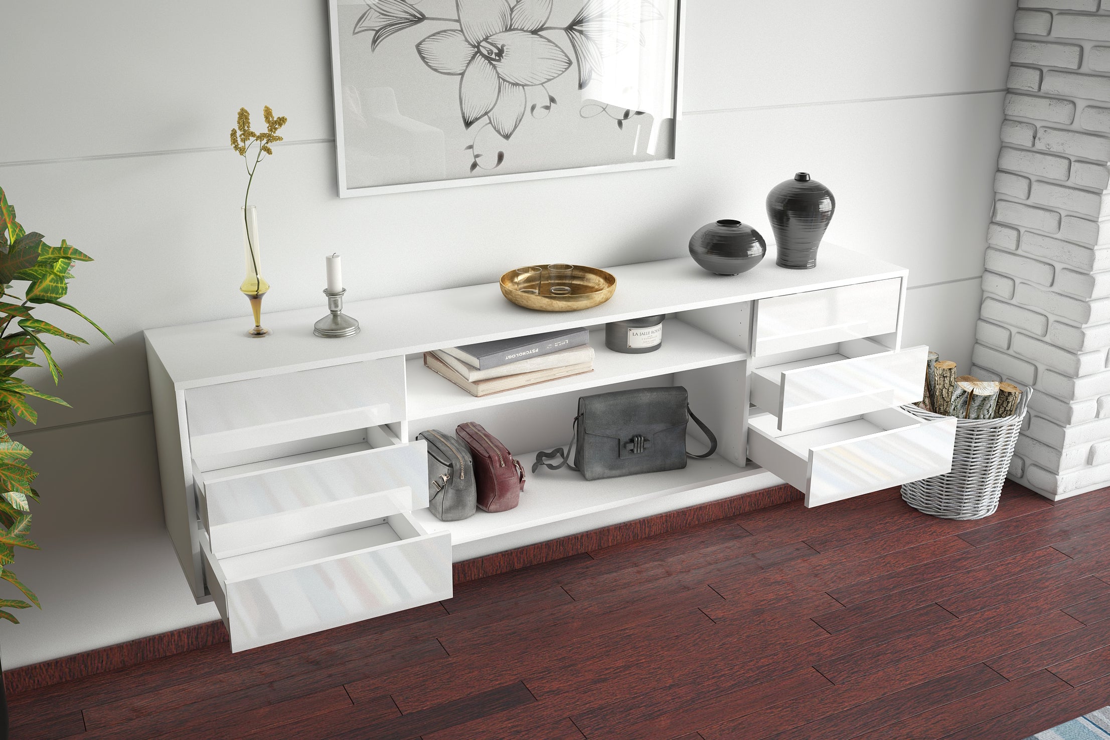 Lowboard - Belinda - Design Hochglanz - Wandmontage mit Push to Open 180 cm Weiss