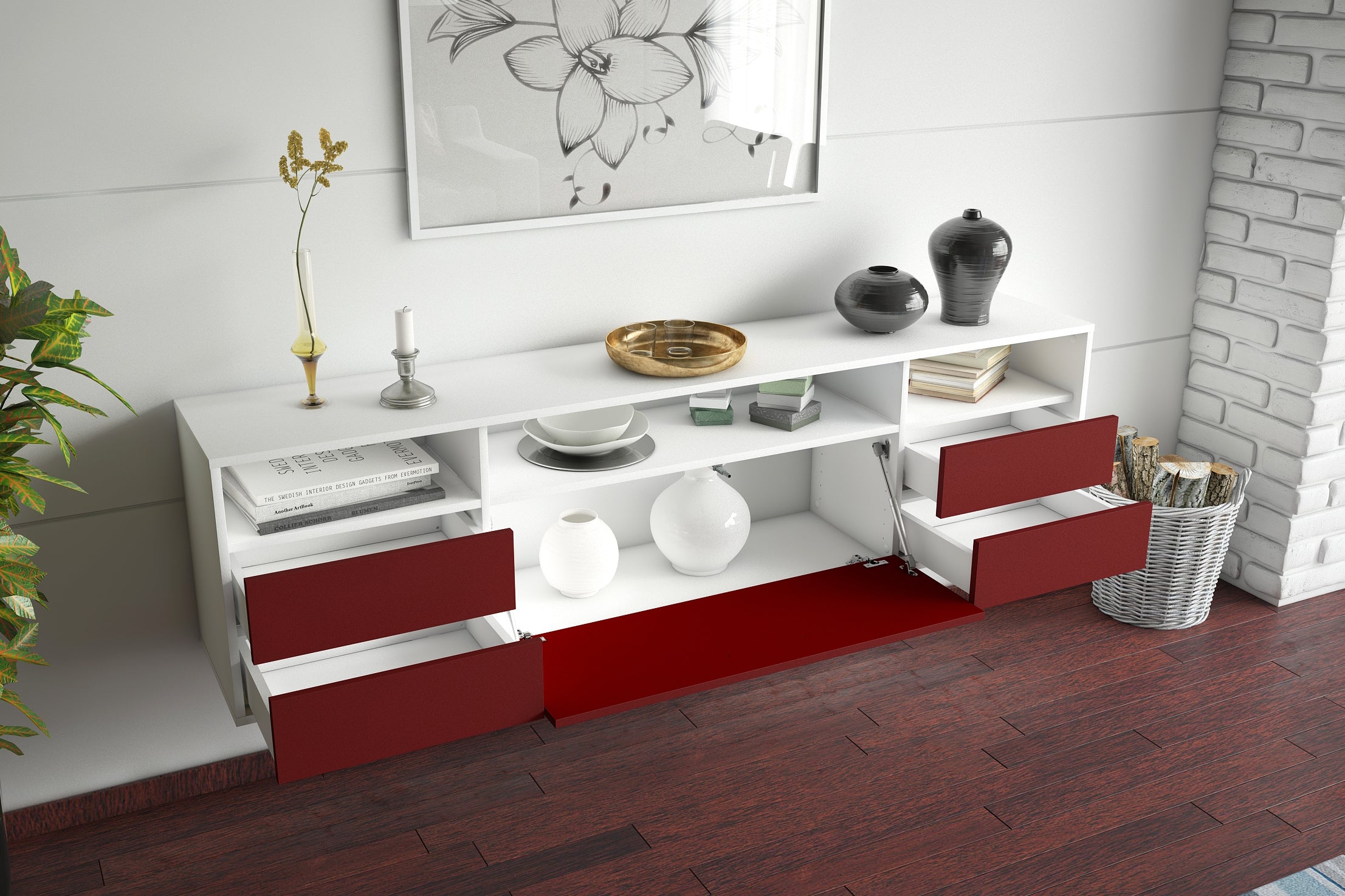 Lowboard - Bella - Design Farbakzent - Wandmontage mit Push to Open 180 cm Weiss