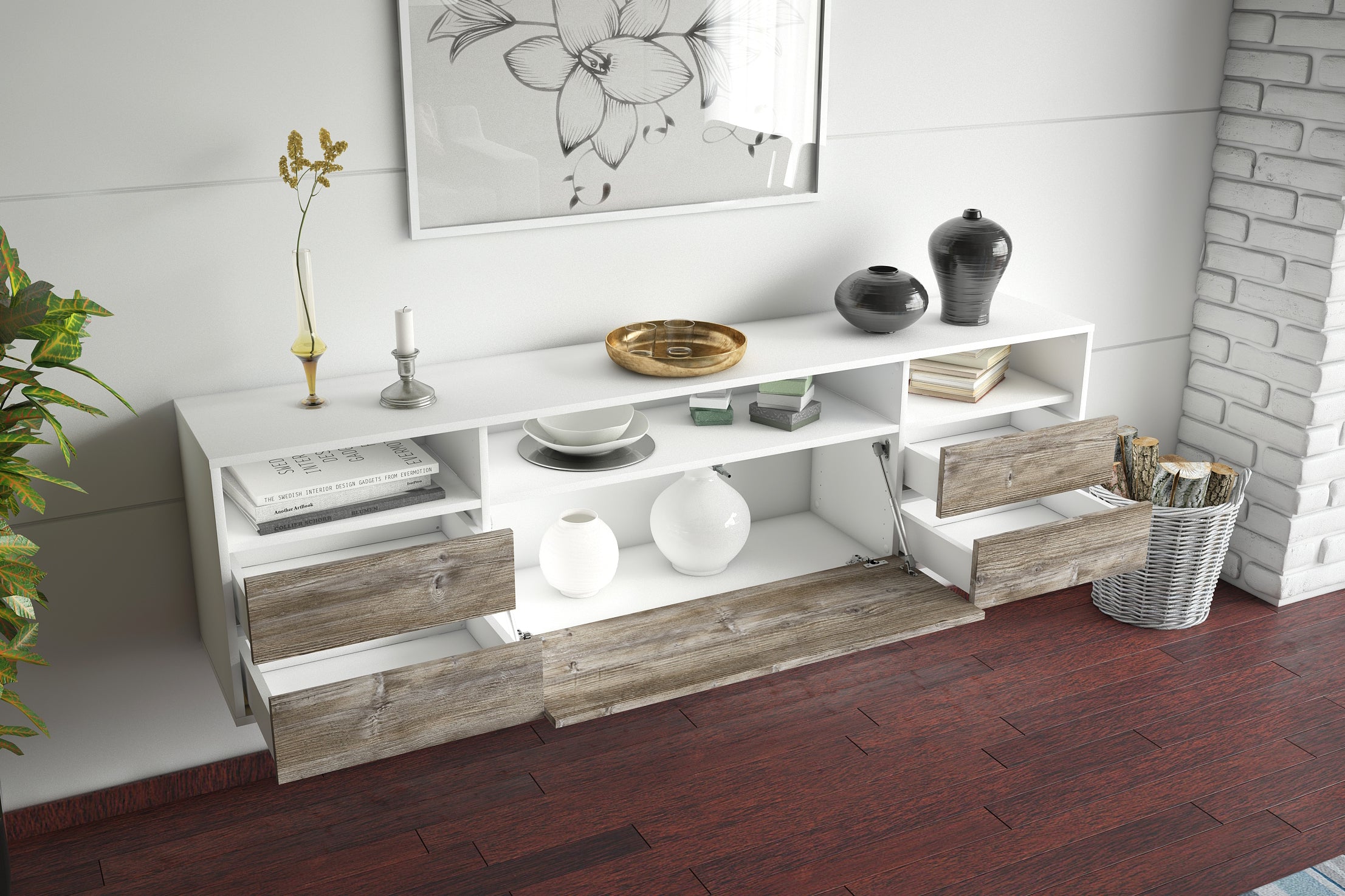 Lowboard - Bella - Design Holzdekor - Wandmontage mit Push to Open 180 cm Weiss