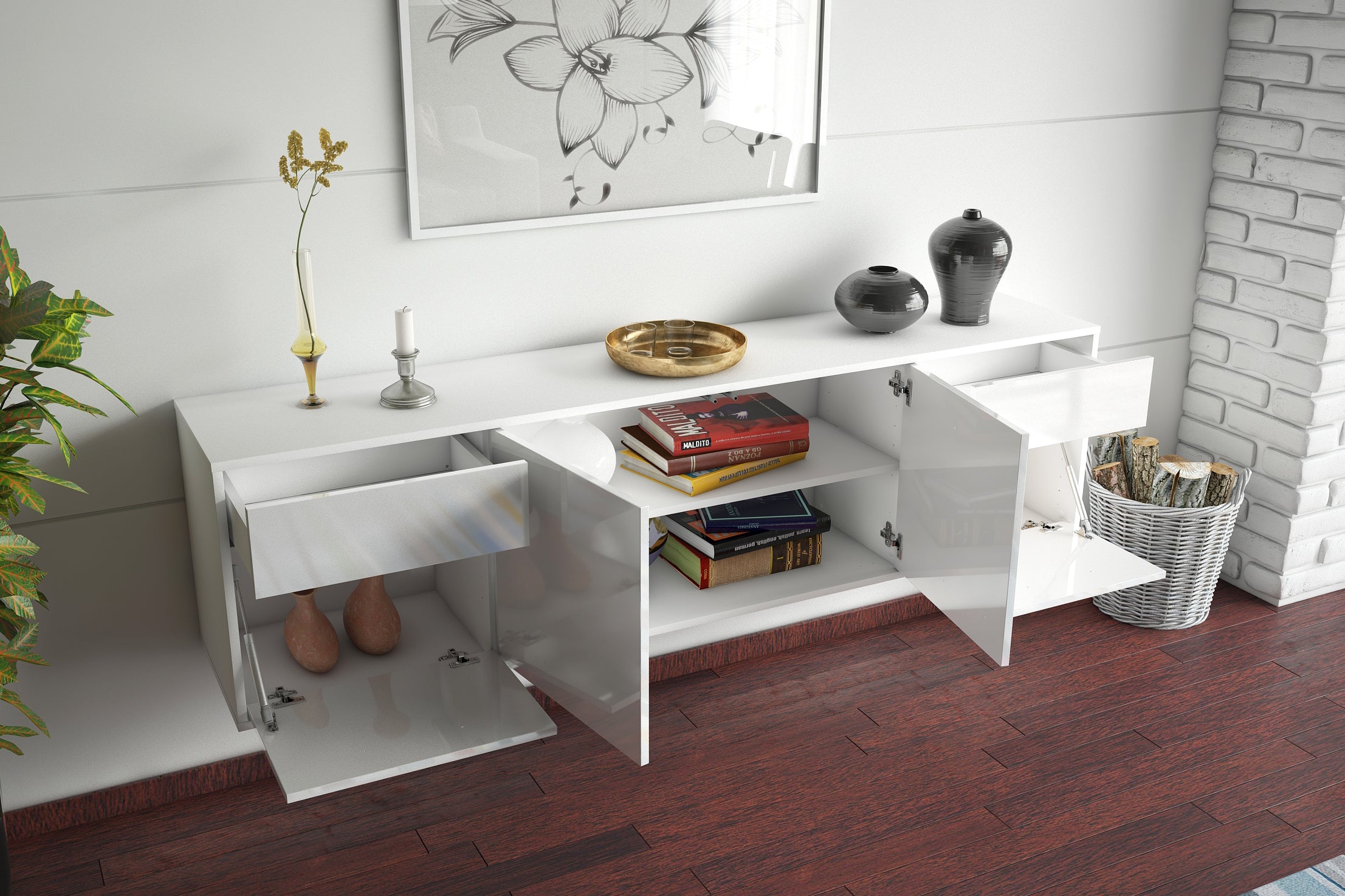 Lowboard - Benedetta - Design Hochglanz - Wandmontage mit Push to Open 180 cm Weiss
