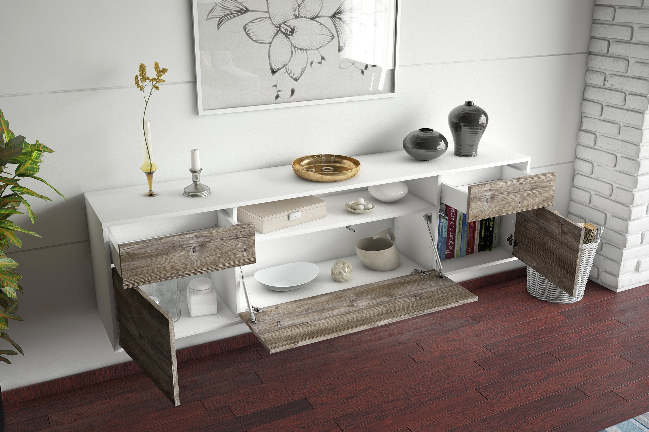 Lowboard - Bernadetta - Design Holzdekor - Wandmontage mit Push to Open 180 cm Weiss