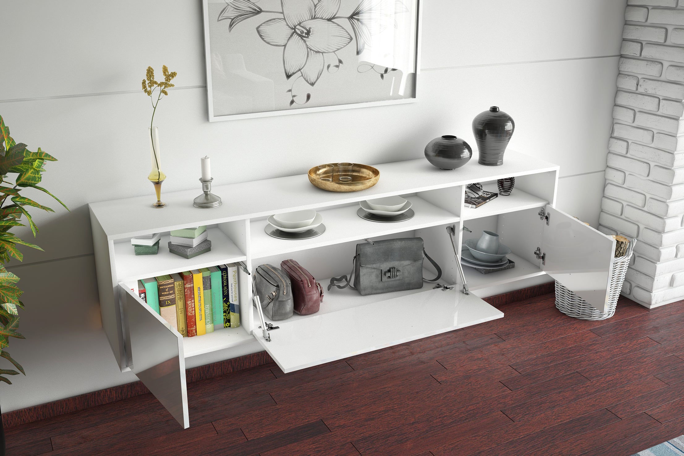 Lowboard - BIANCA - Design Hochglanz - Wandmontage mit Push to Open 180 cm Weiss