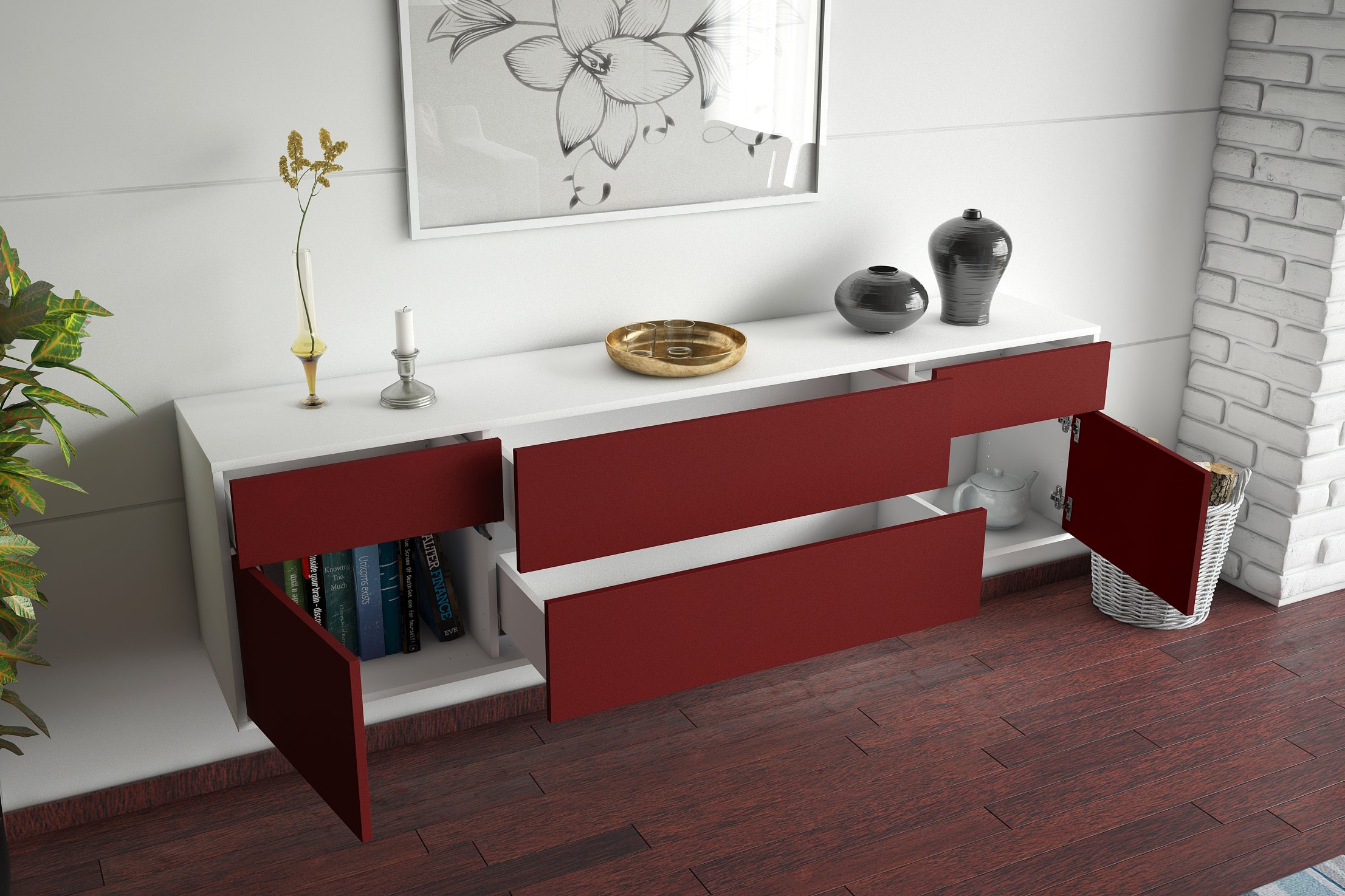 Lowboard - Bibiane - Design Farbakzent - Wandmontage mit Push to Open 180 cm Weiss