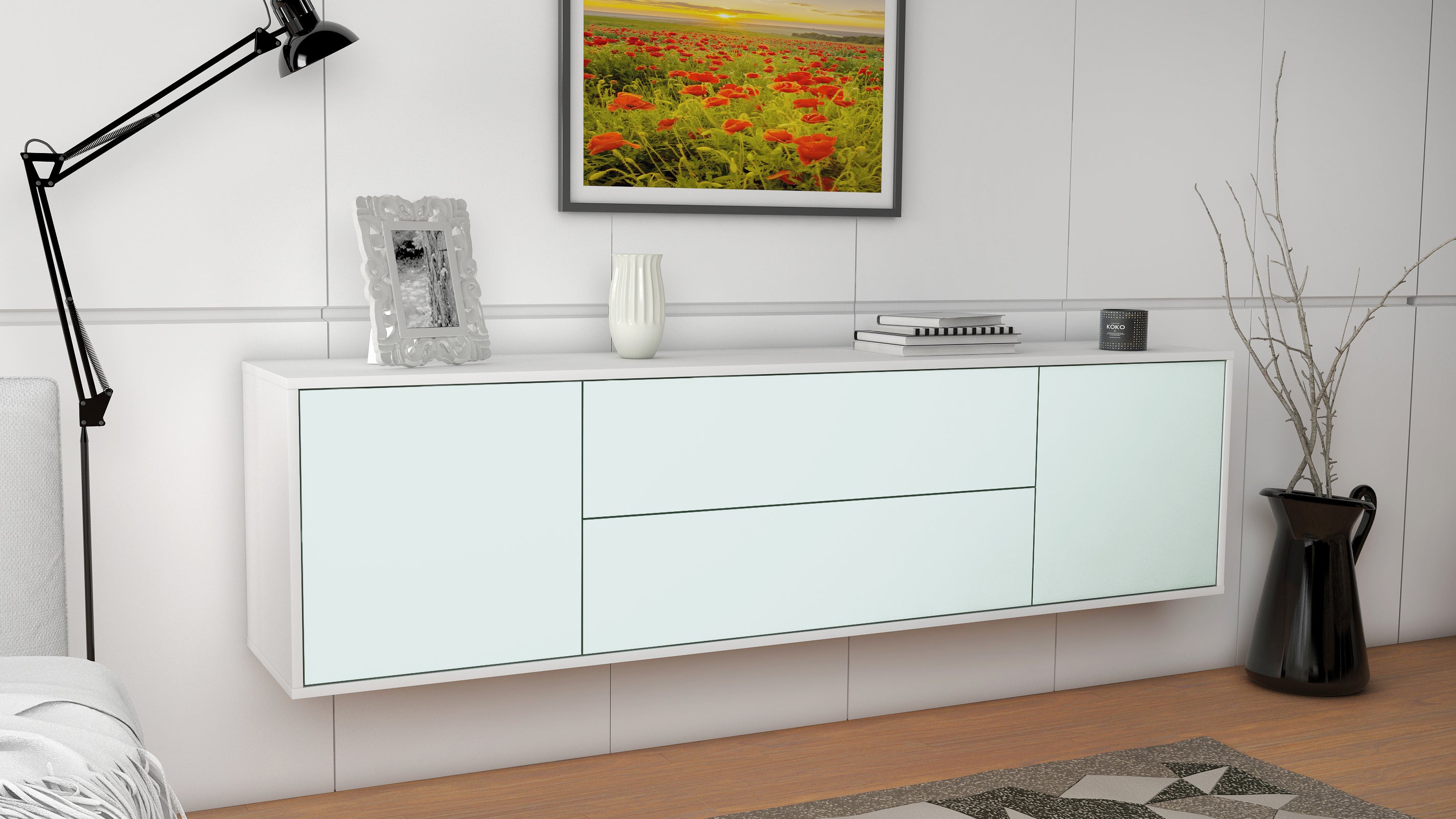 Lowboard - Aquilina - Design Farbakzent - Wandmontage mit Push to Open 180 cm Weiss